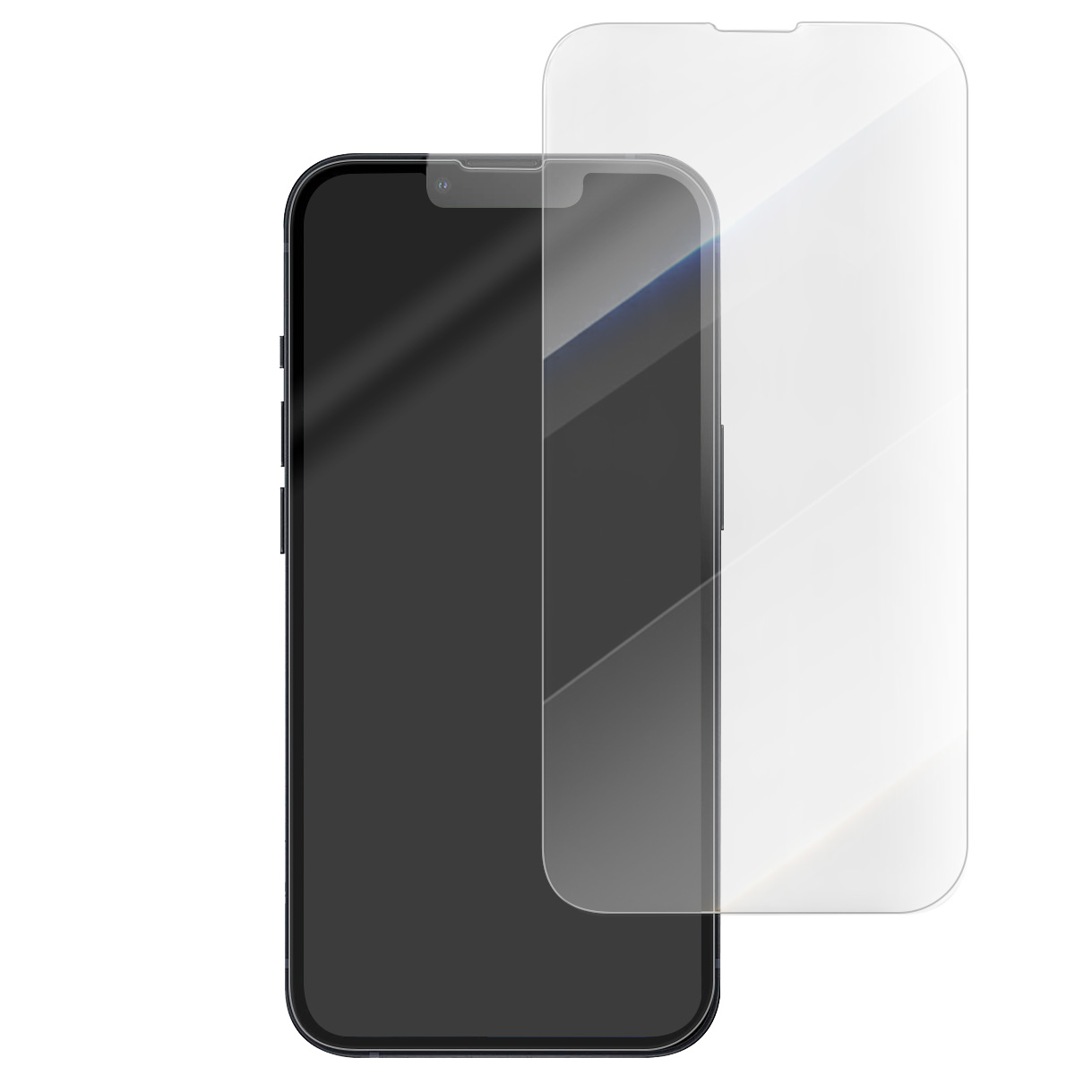 Un smartphone avec un écran noir et un protecteur d'écran à côté.