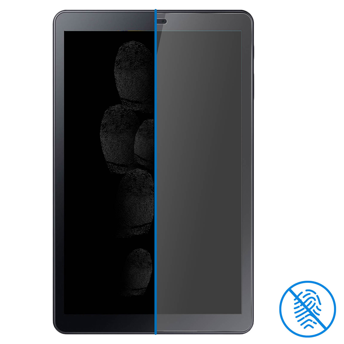 Schermo tablet con impronte digitali a sinistra e filtro privacy a destra. Icona blu in basso a destra.