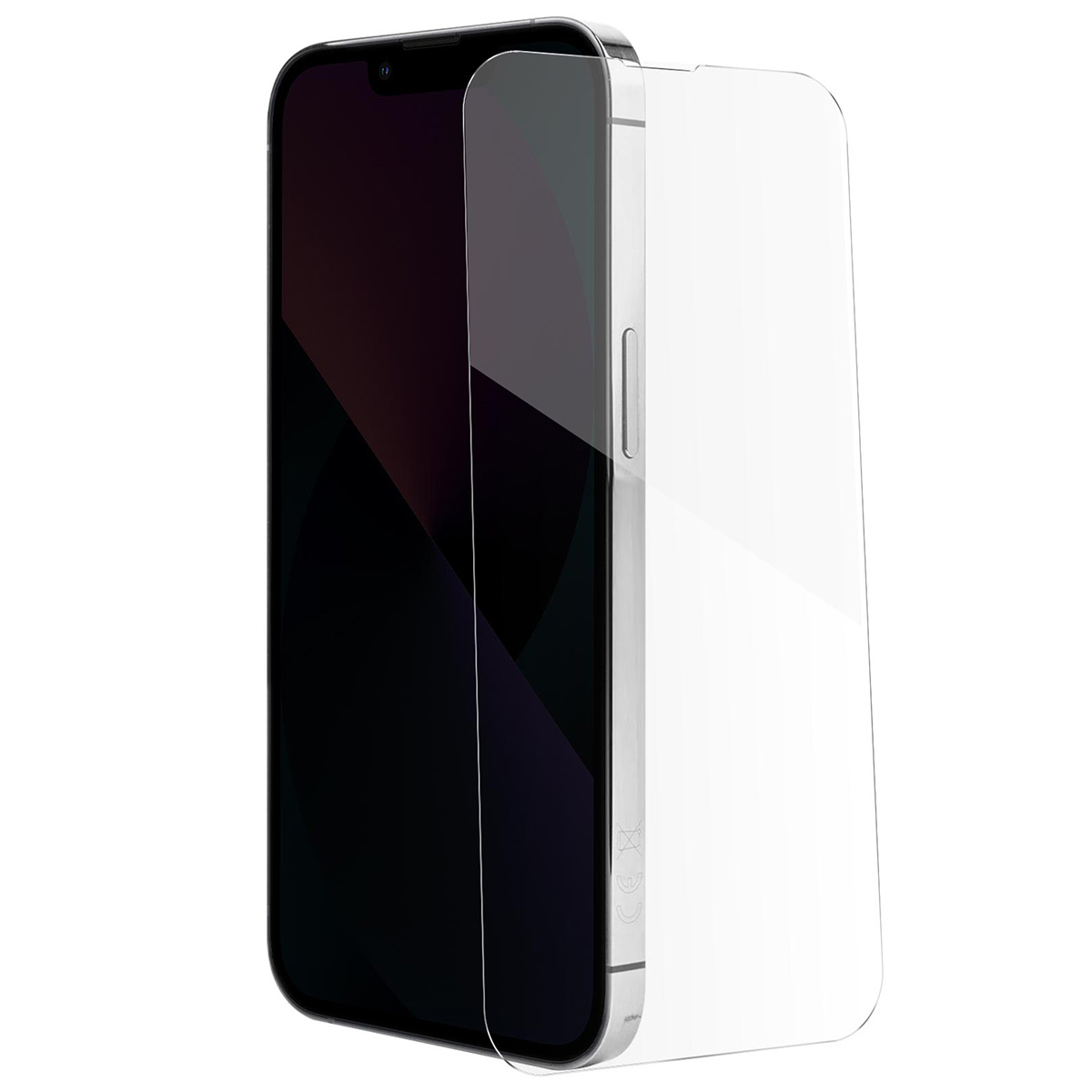 Smartphone argenté avec écran noir et protecteur d'écran transparent.