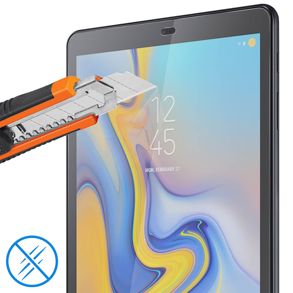 La lama di un taglierino raschia lo schermo di un tablet. È visibile un'icona antigraffio.