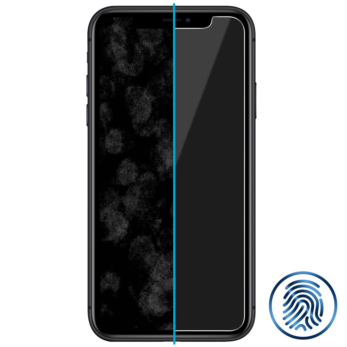 Smartphone scherm met vingerafdrukken links, blauw vingerafdruk icoon rechts.