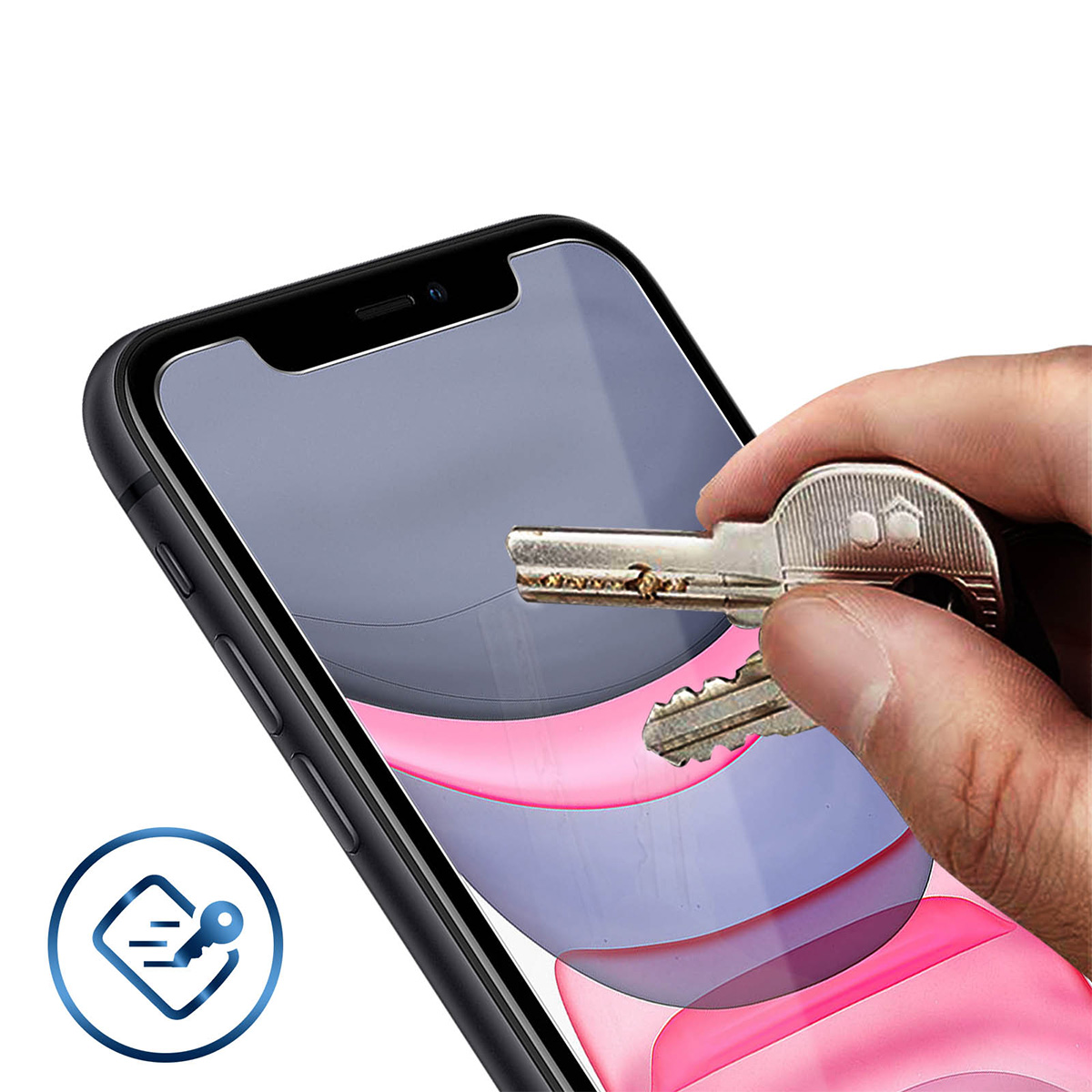 Een hand houdt sleutels vast bij een smartphone-scherm, met een beveiligingsicoon in de hoek.
