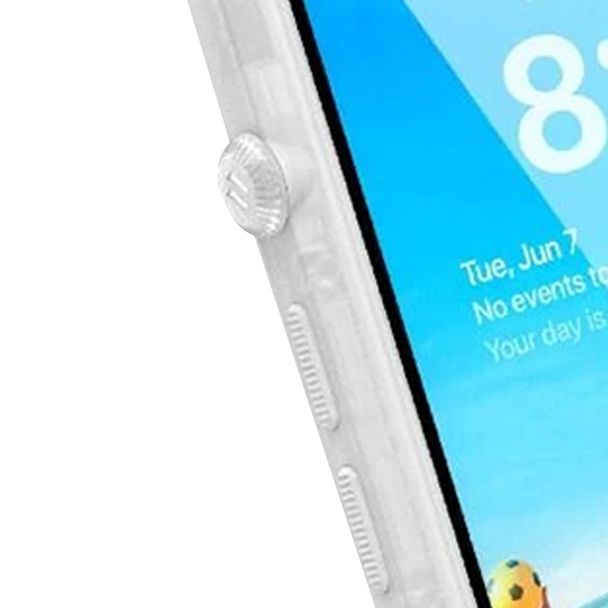 Primo piano di un telefono bianco con pulsante testurizzato e schermo che mostra ora e data.