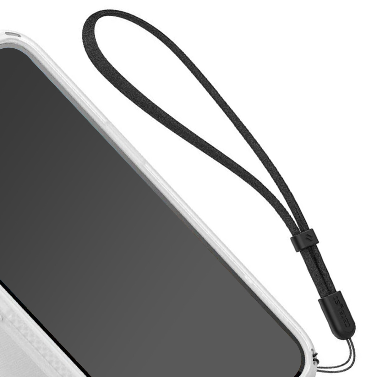 Un telefono bianco con cinturino da polso nero su sfondo bianco.