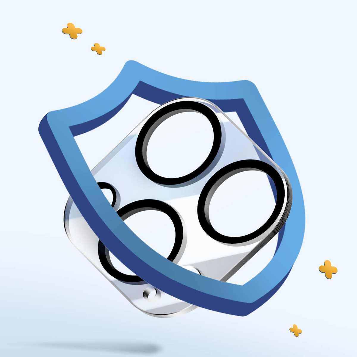 A blue shield shape surrounds three camera lenses on a clear object.