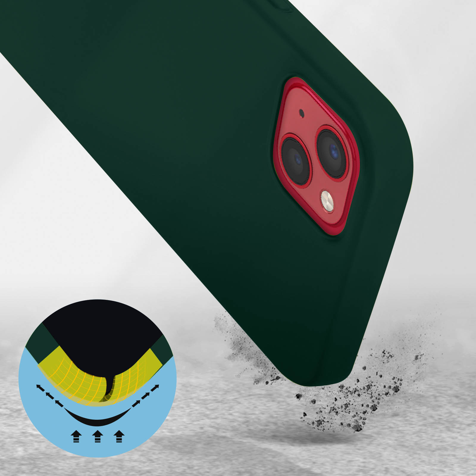 Cover verde scuro con cornice rossa per fotocamera che cade, polvere.