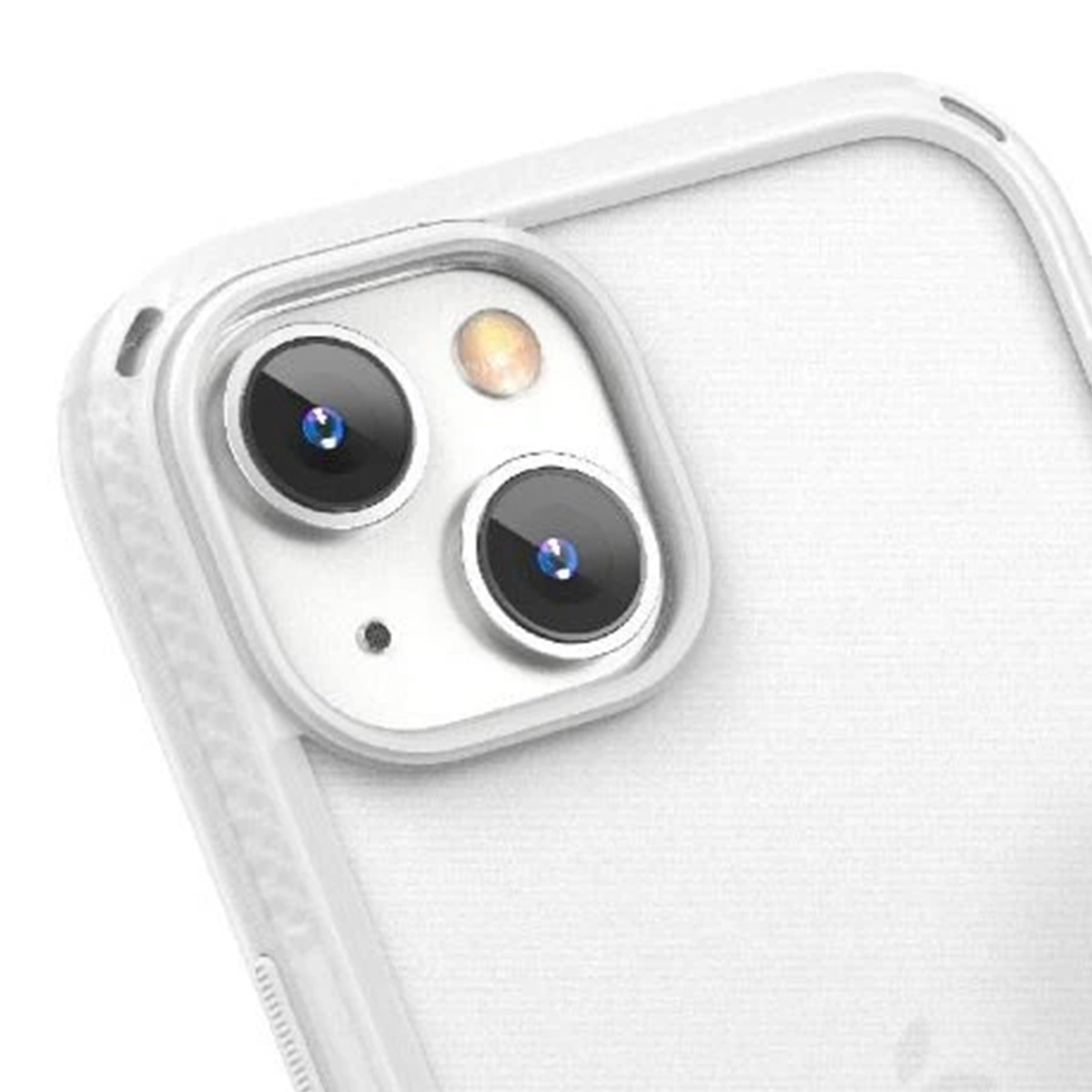 Primo piano di una fotocamera di smartphone bianca con due lenti e flash.
