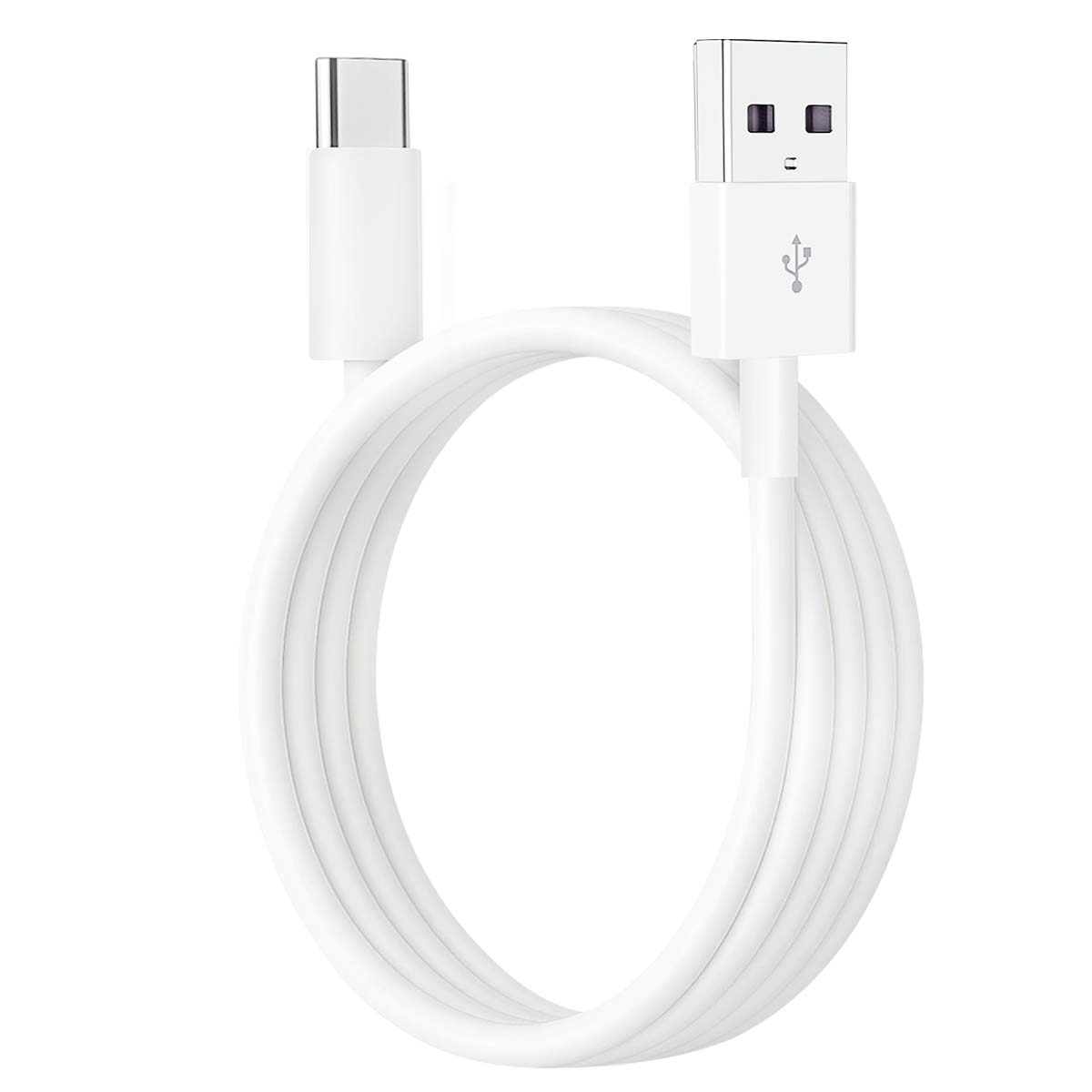 Cavo USB-C a USB-A bianco, arrotolato con connettori visibili.