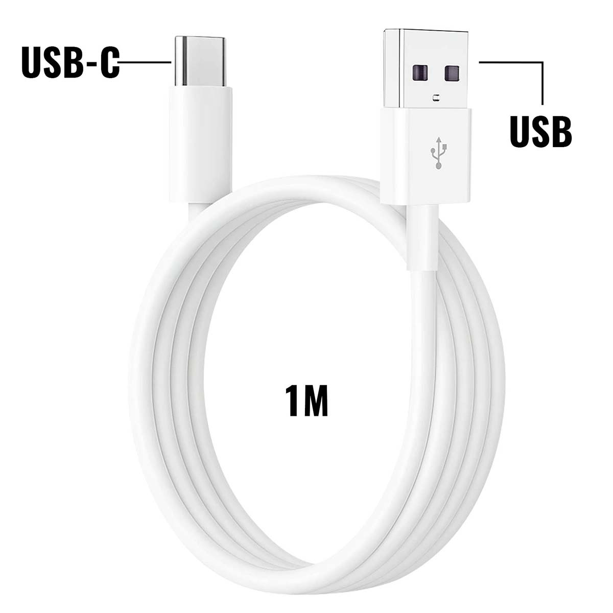 Un cavo USB-C a USB bianco da 1M giace su sfondo bianco.