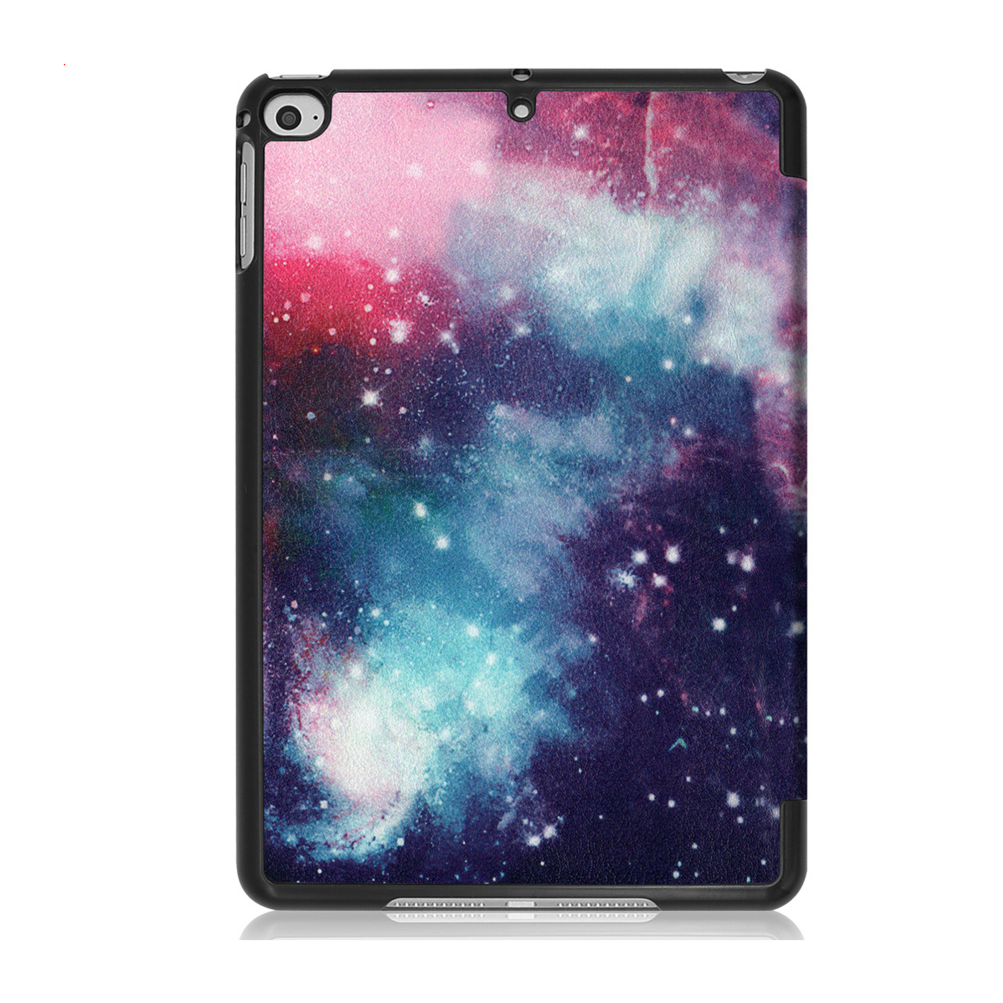 Black case with a galaxy pattern in blue, pink, and red tones.
