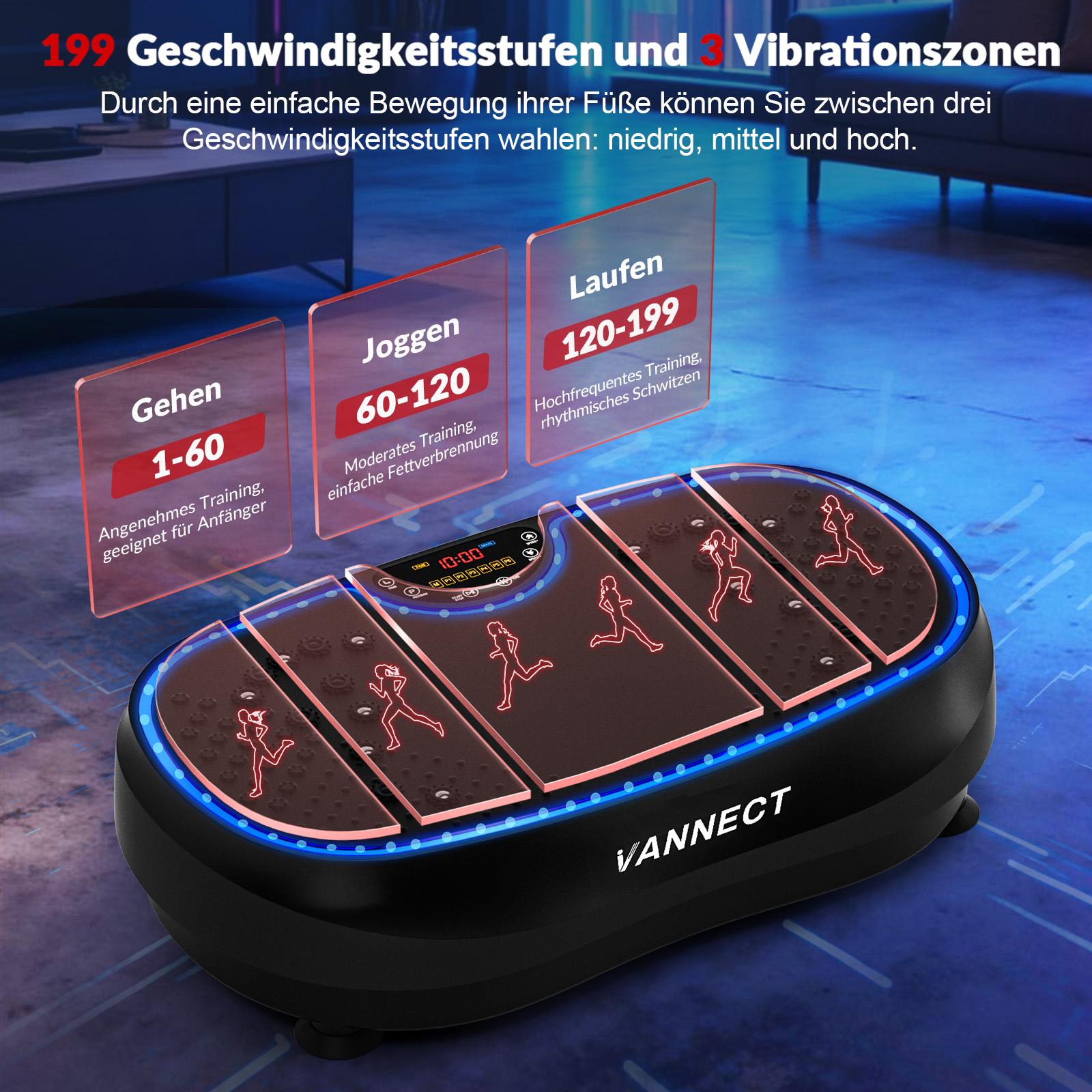 Vibrations-Fitnessplattform mit Geschwindigkeitsstufen: Gehen (1-60), Joggen (60-120), Laufen (120-199).