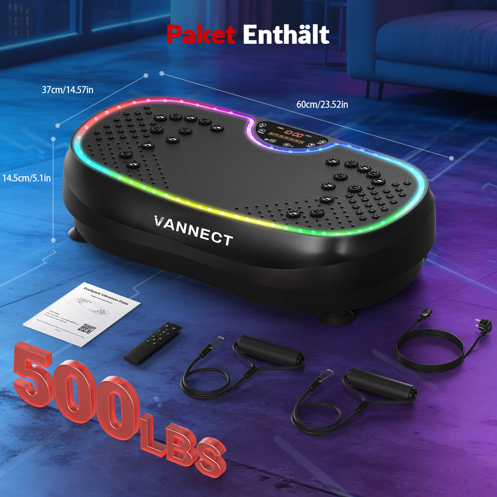 Vannecht Vibrationsplatte mit Fernbedienung, Widerstandsbändern, Handbuch und Netzkabel.