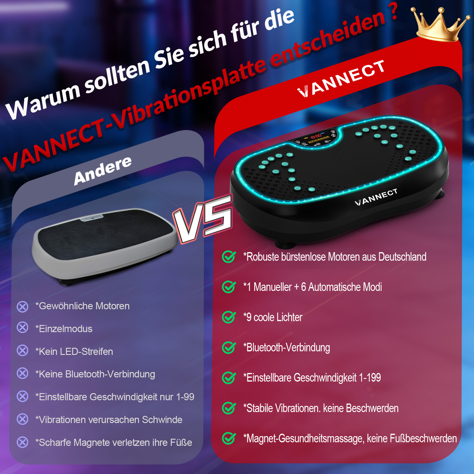 Vergleich von zwei Vibrationsplatten: eine weiße und eine schwarze mit LED-Beleuchtung.