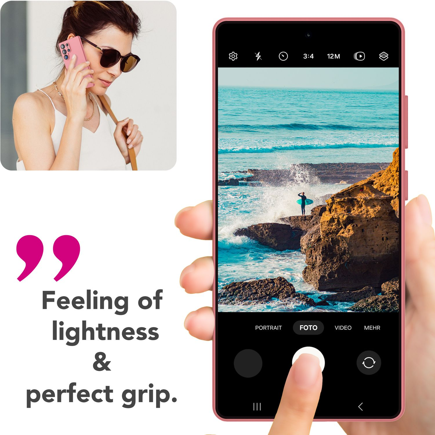 Frau telefoniert mit Handy, das Foto einer Person am Meer zeigt.