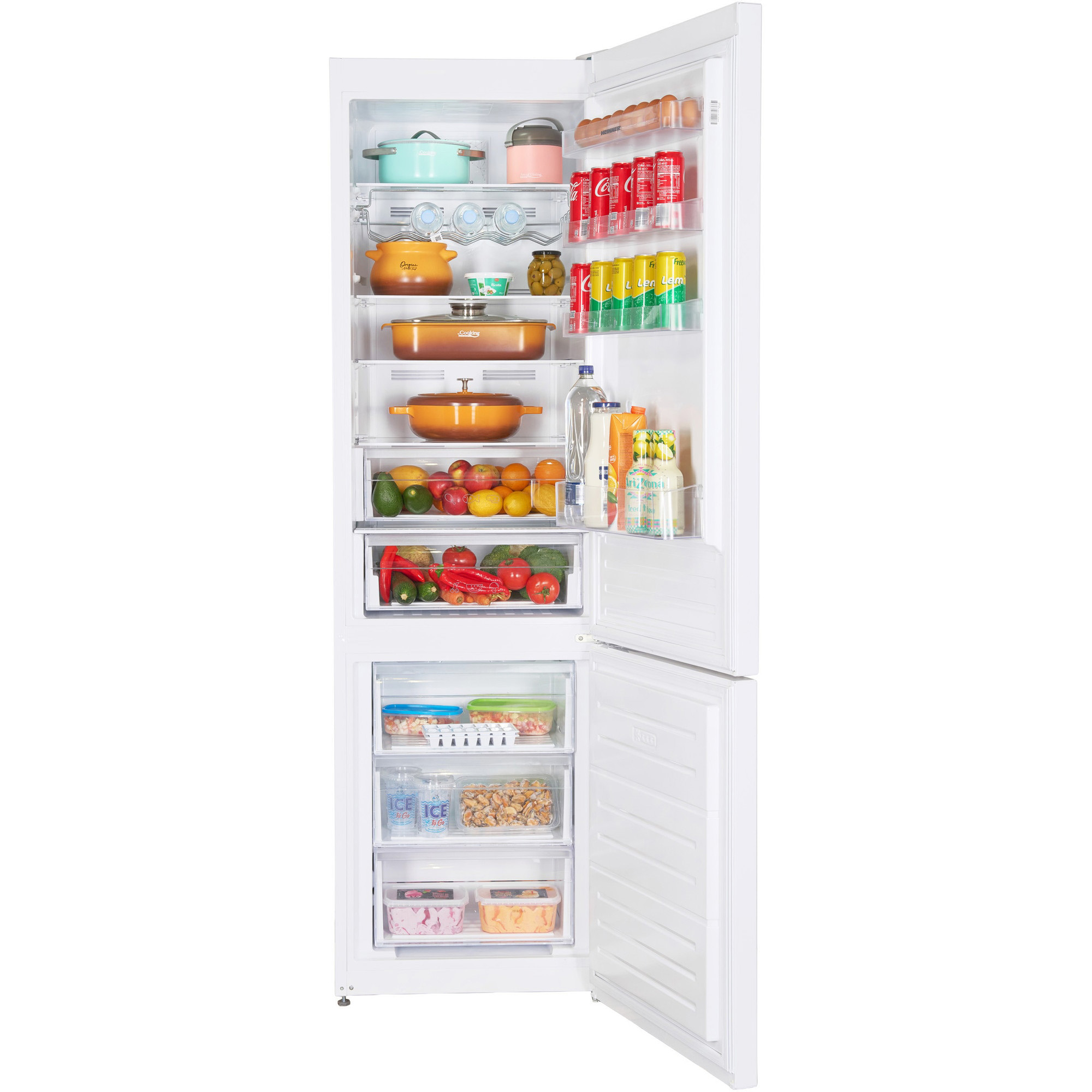 An open refrigerator filled with food, drinks, cookware, and frozen items.