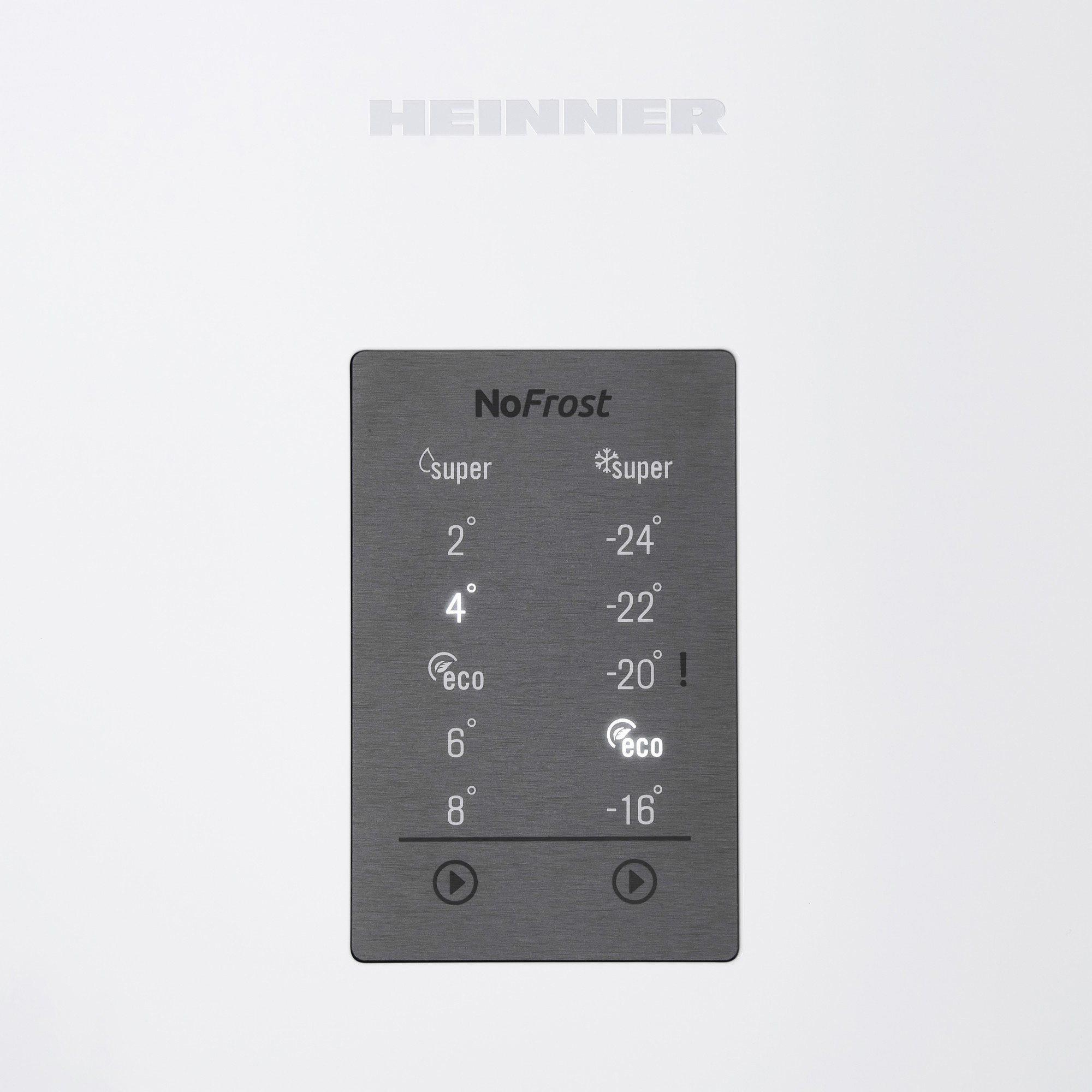 HEINNER NoFrost display shows temperatures and modes.