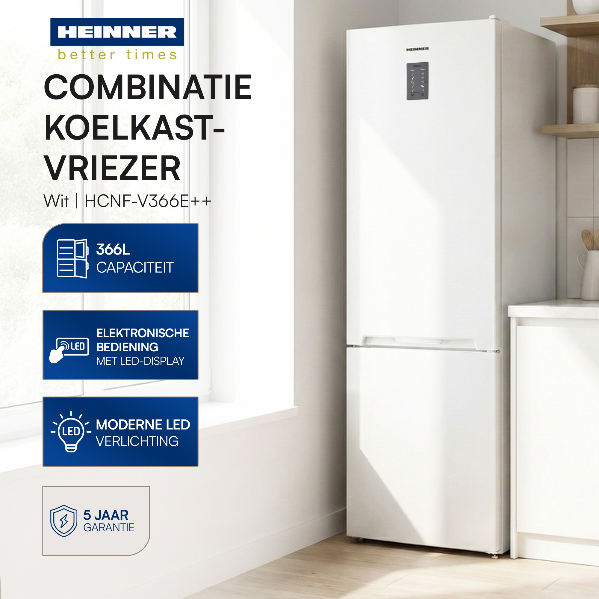 A white Heinner refrigerator-freezer with LED display and 366L capacity.