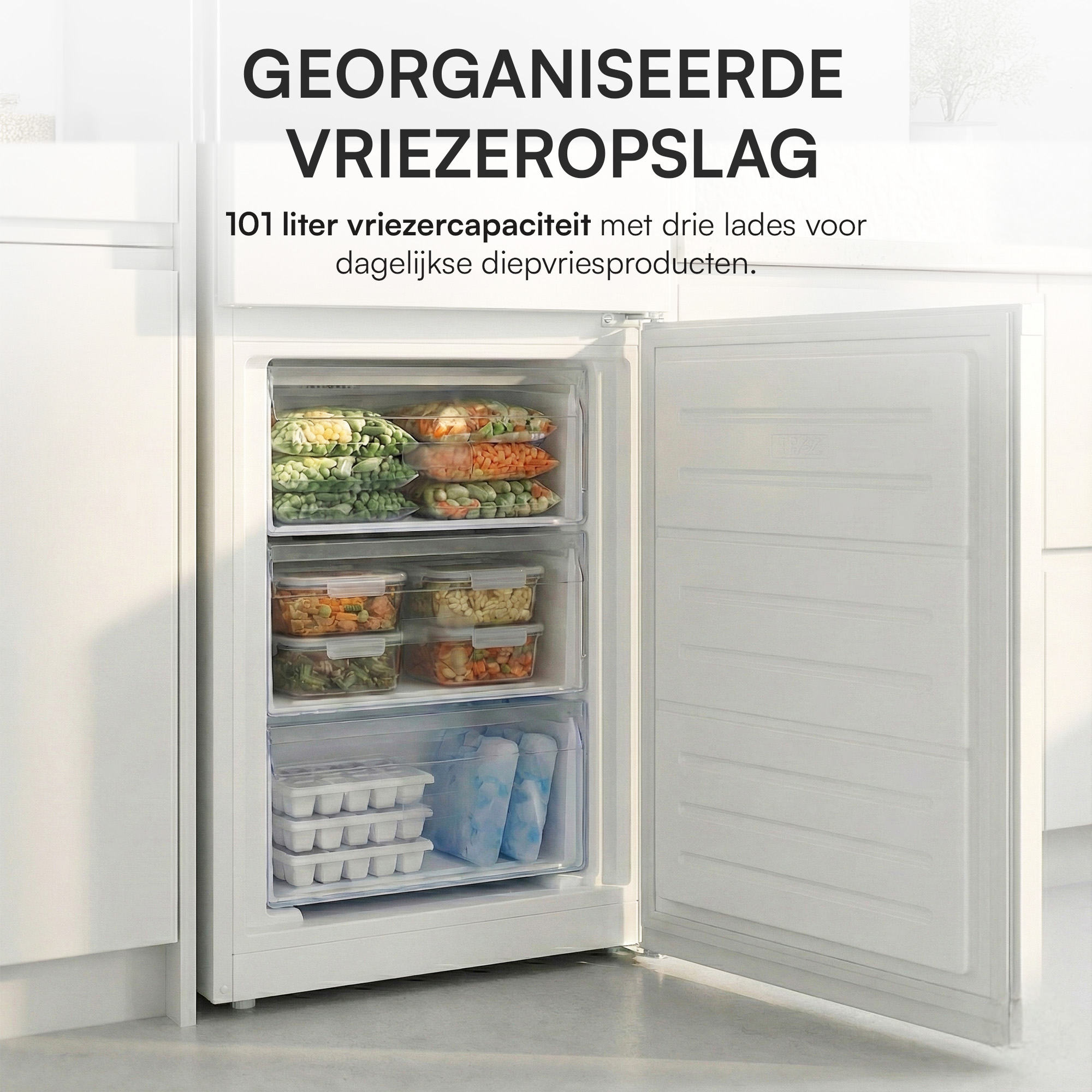 An open freezer with three drawers filled with frozen vegetables and ice cube trays.