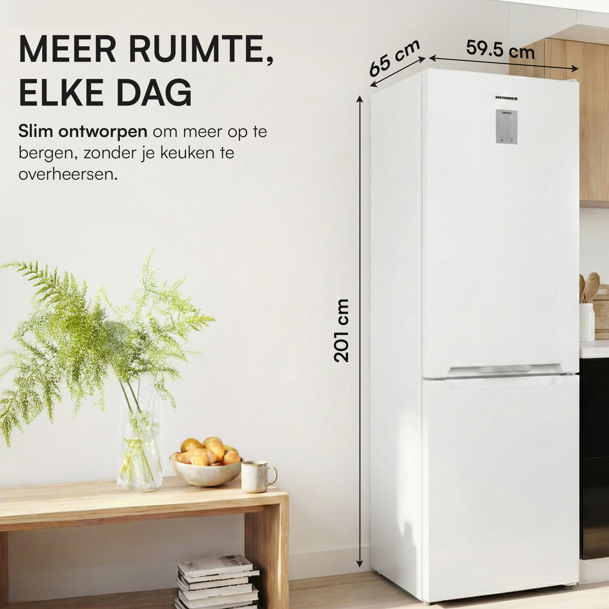 A slim white refrigerator with dimensions 201cm H x 65cm W x 59.5cm D.