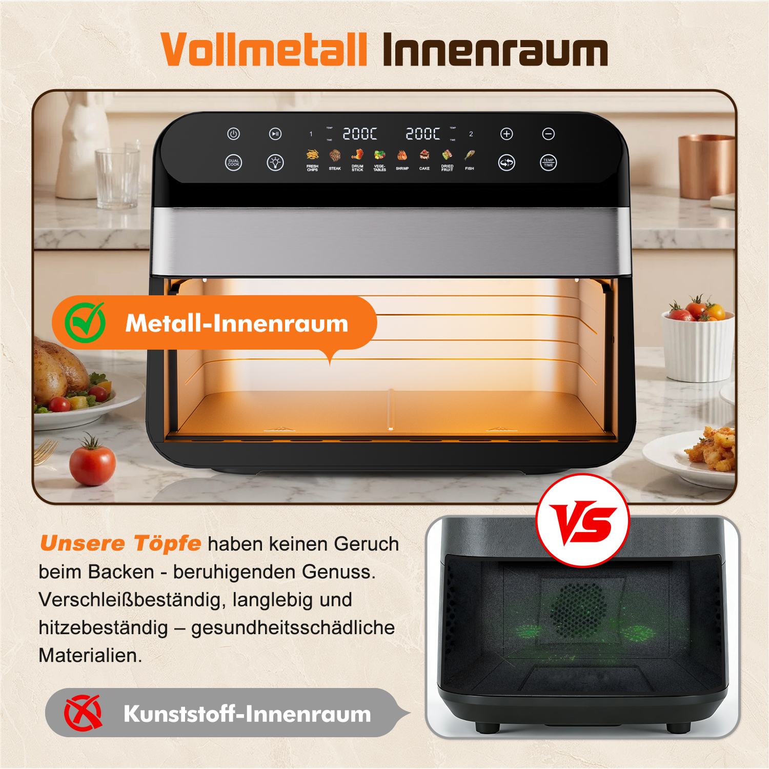 Ein moderner Airfryer mit Metall-Innenraum wird gezeigt, neben einem Kunststoff-Innenraum.