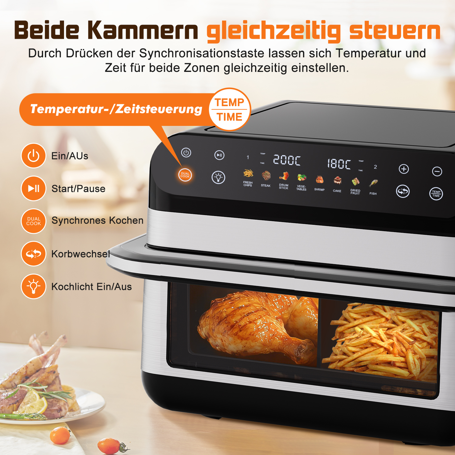 Doppelkammer-Heißluftfritteuse mit beleuchtetem Display und Kochfortschritt.