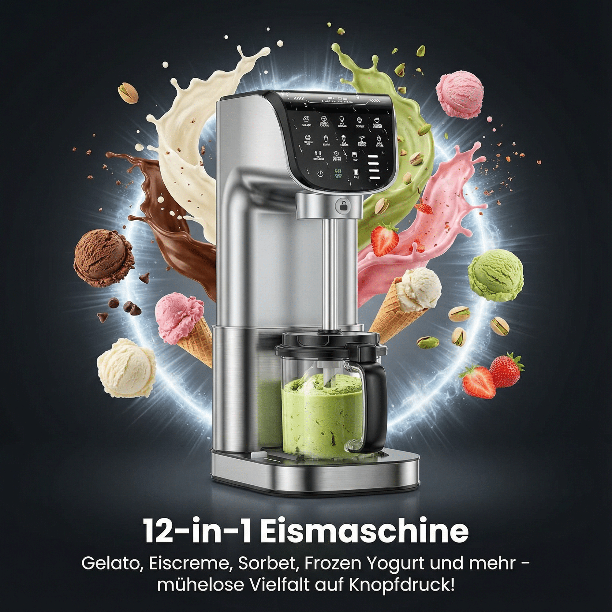 Silberne Eismaschine mit Eis, Früchten und Spritzern von Milch und Schokolade.