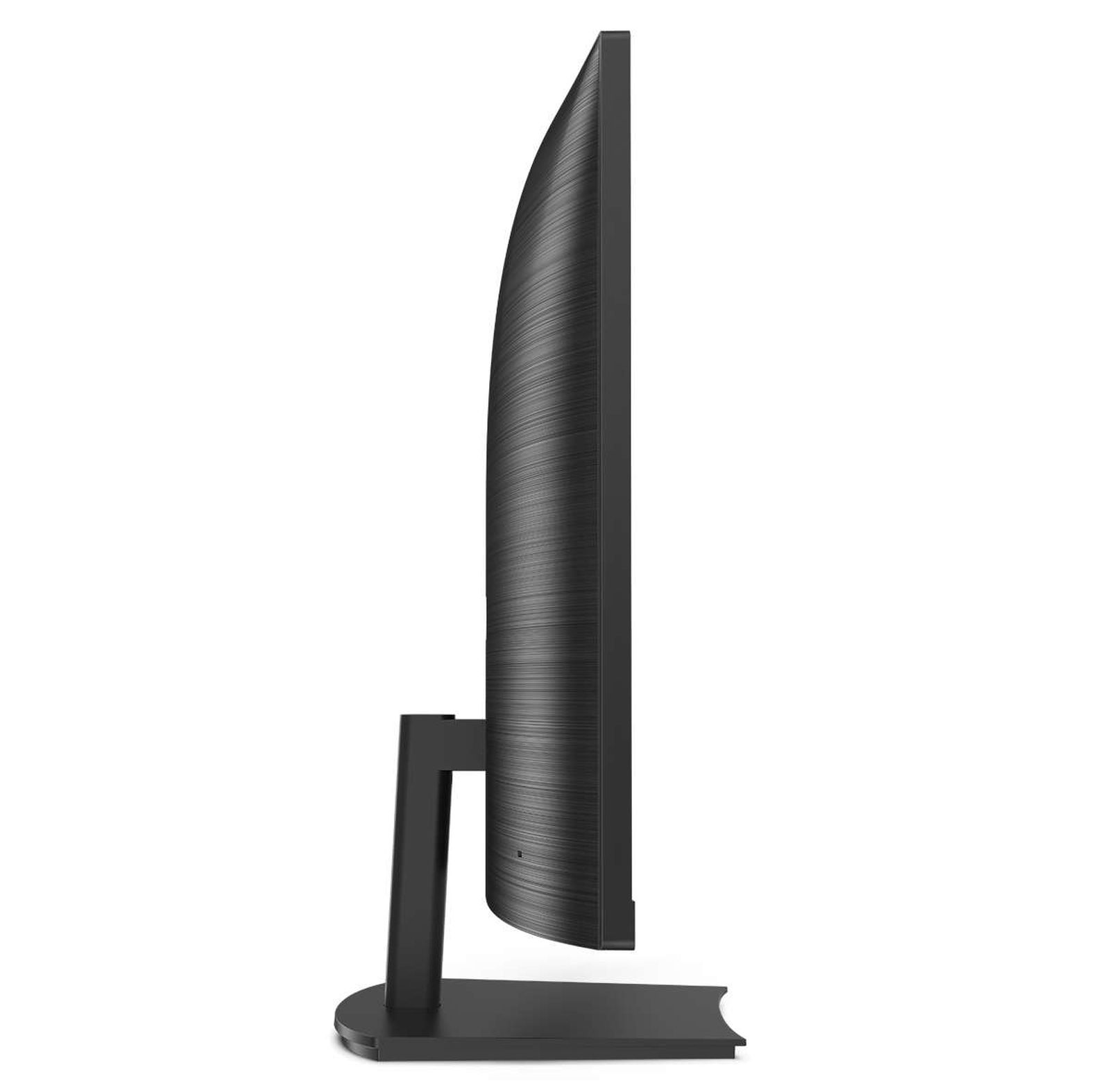 Czarny monitor z zakrzywionym ekranem i podstawką, widziany z boku.
