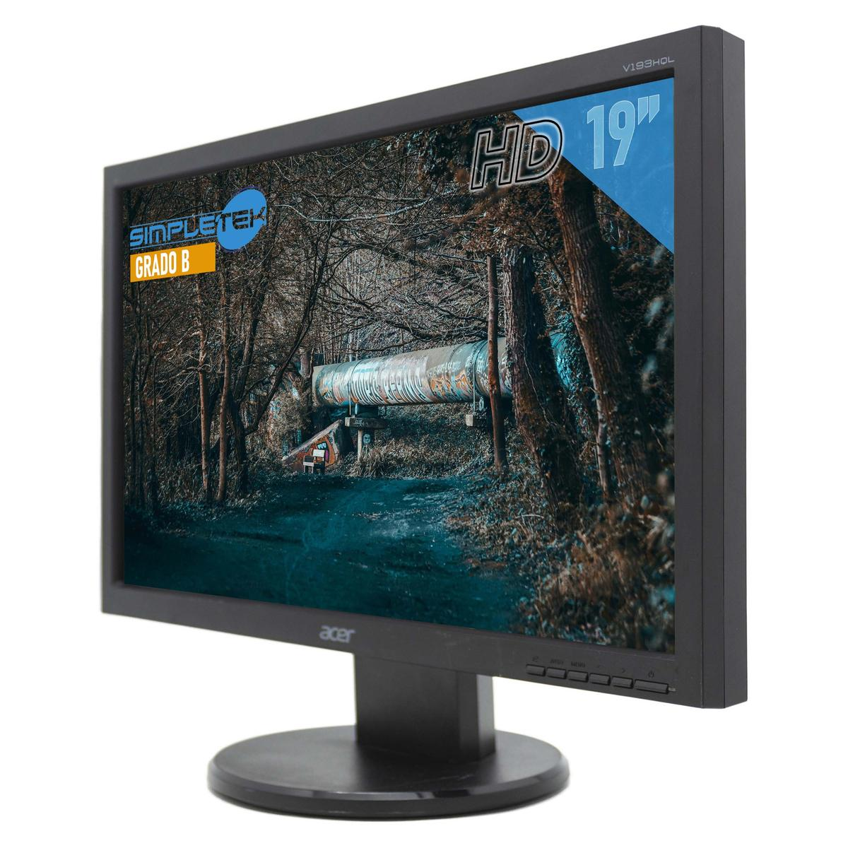 Monitor HD da 19 pollici mostra scena boschiva con conduttura e casetta.