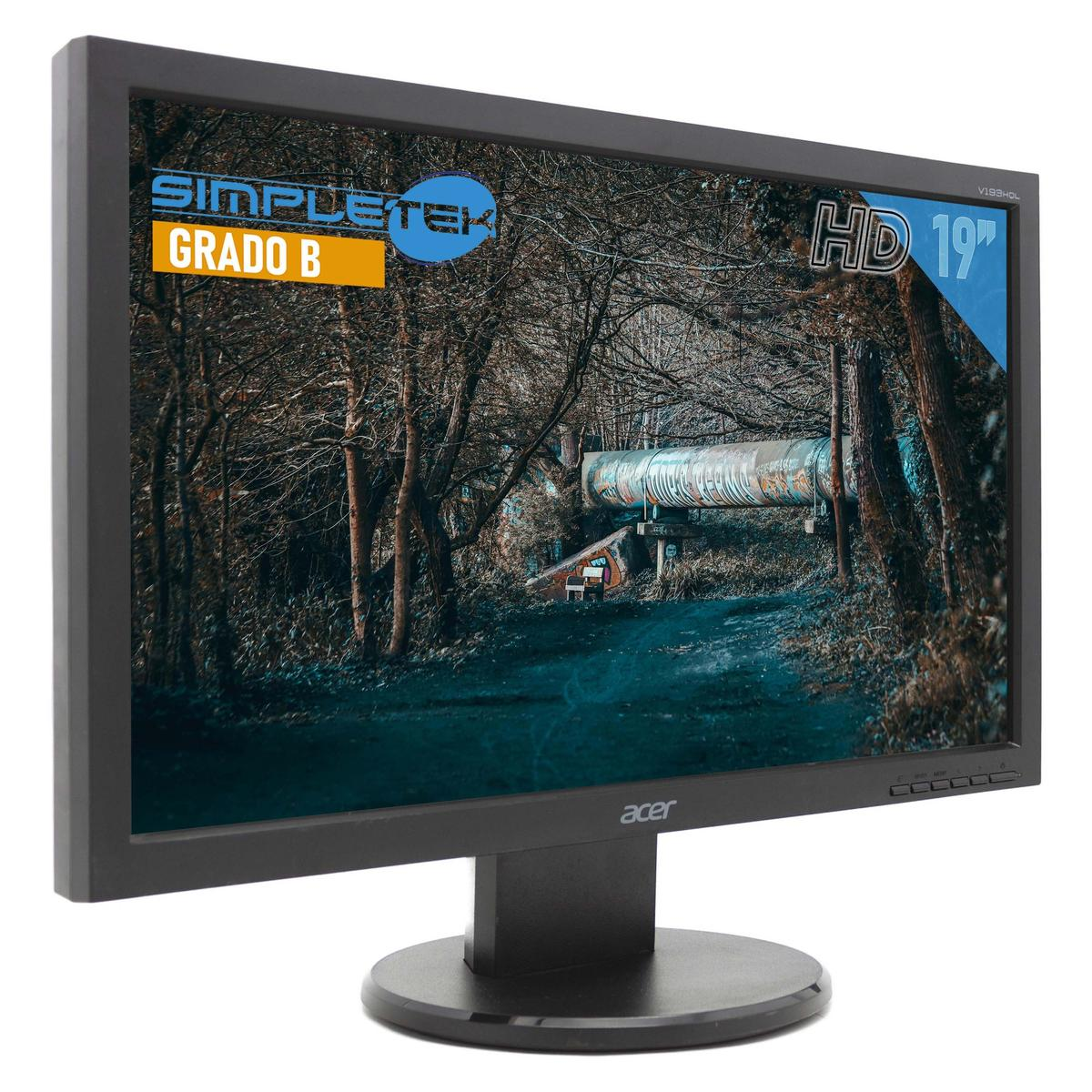 Un monitor Acer nero mostra una scena boschiva con tubi e alberi.