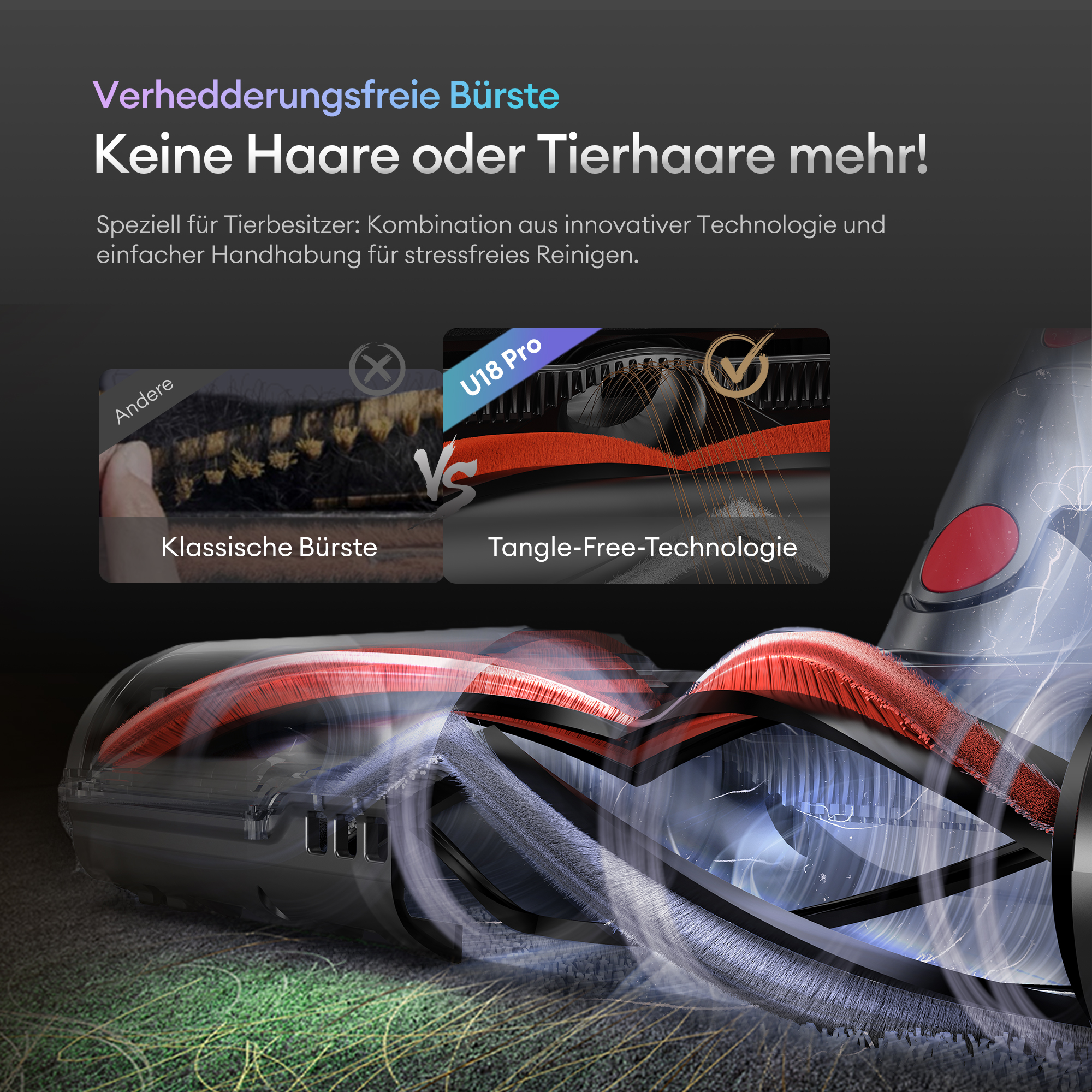 Verhedderungsfreie Bürste: Keine Haare oder Tierhaare mehr! Vergleicht klassische Bürste mit Tangle-Free-Technologie.