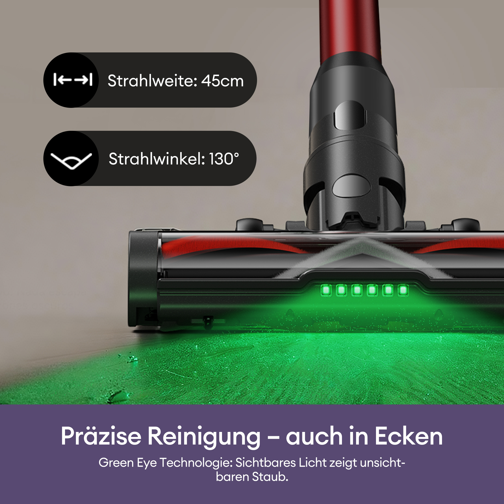 Staubsaugerdüse mit grüner LED-Beleuchtung und Text zu Reichweite/Winkel.