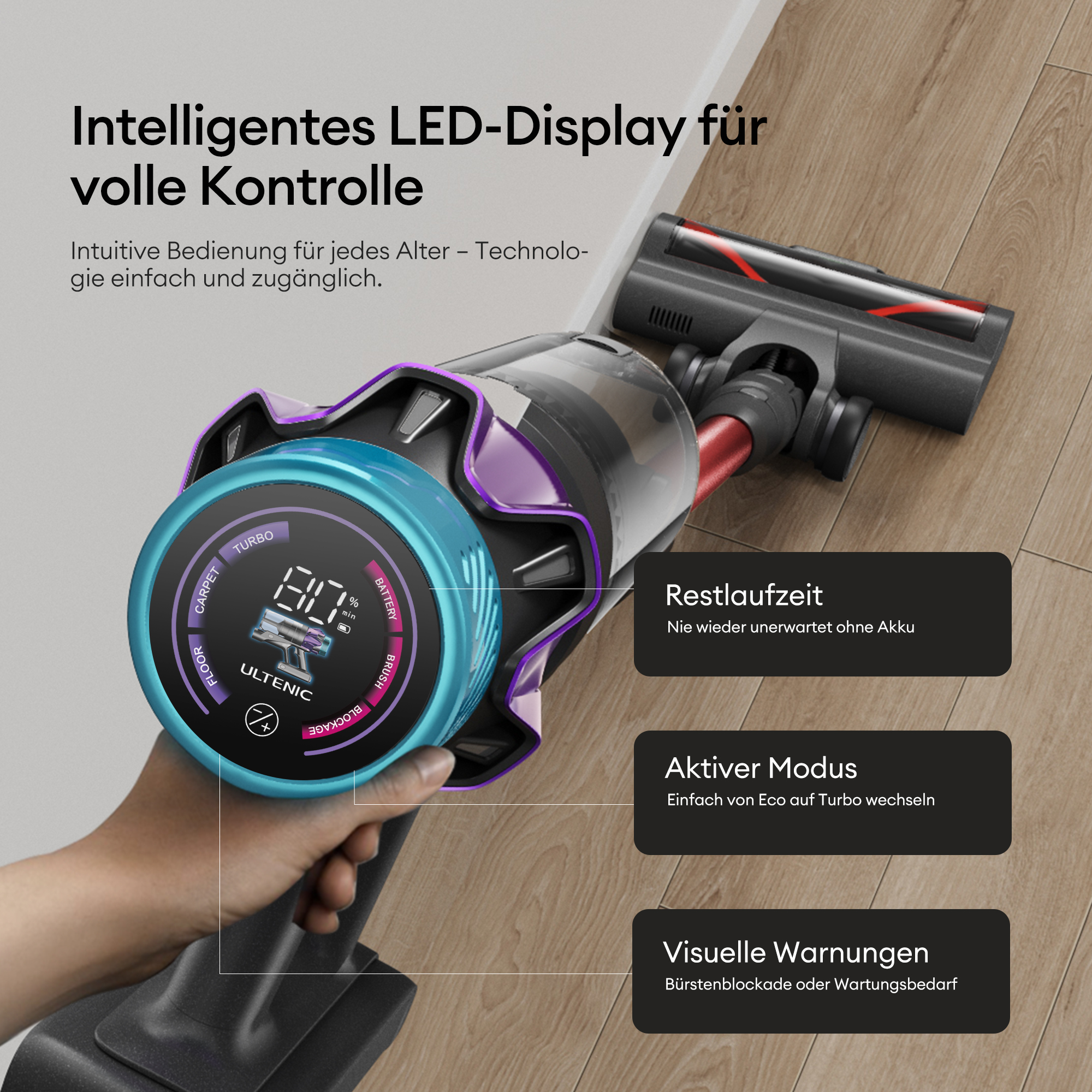 Ein Handstaubsauger mit blauem LED-Display, das Akkulaufzeit und Modi anzeigt.