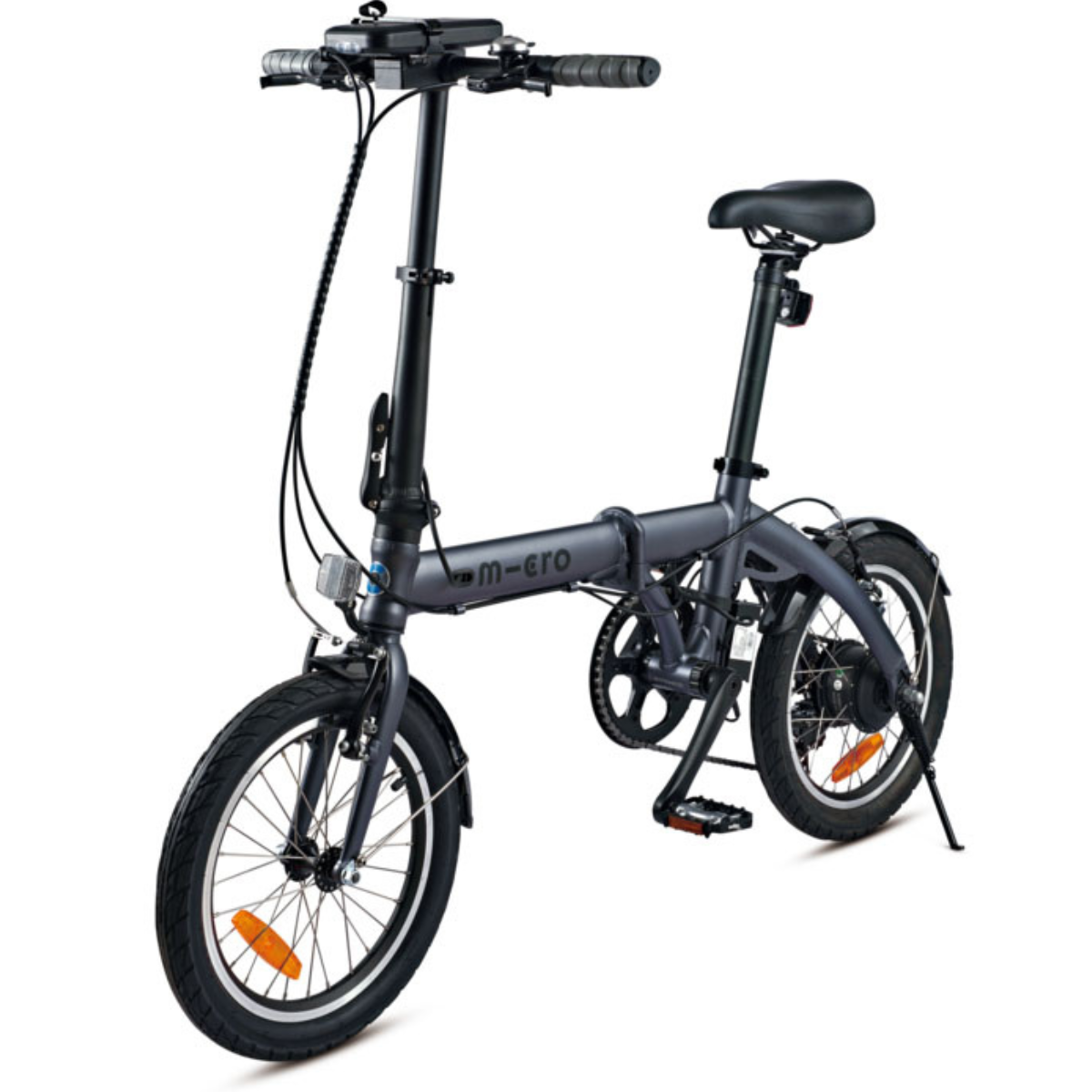 Ein graues, faltbares E-Bike mit schwarzen Reifen, Lenker und Sattel.