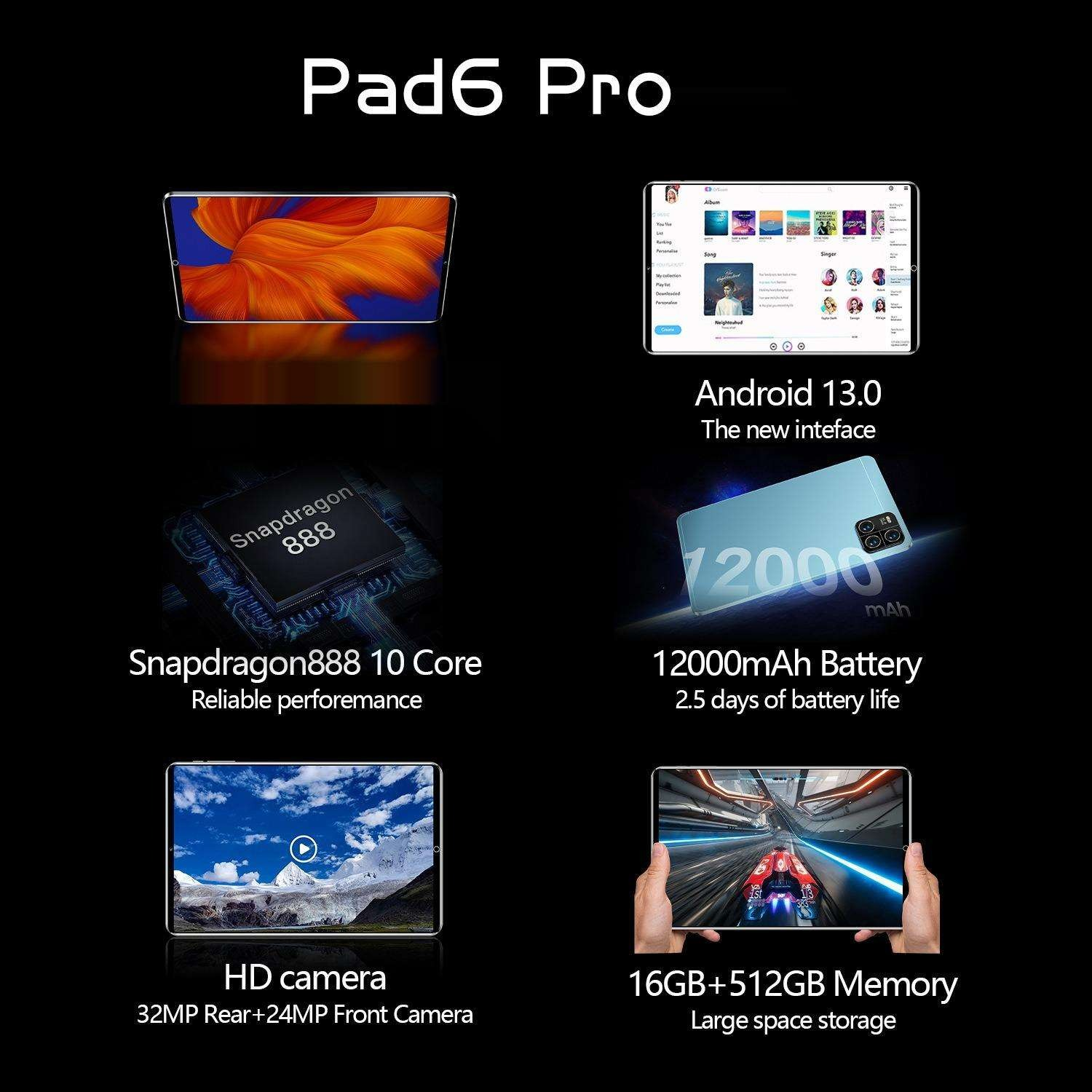 Pad6 Pro: Snapdragon 888, Android 13, 12000mAh Akku, HD Kamera, 16GB+512GB.