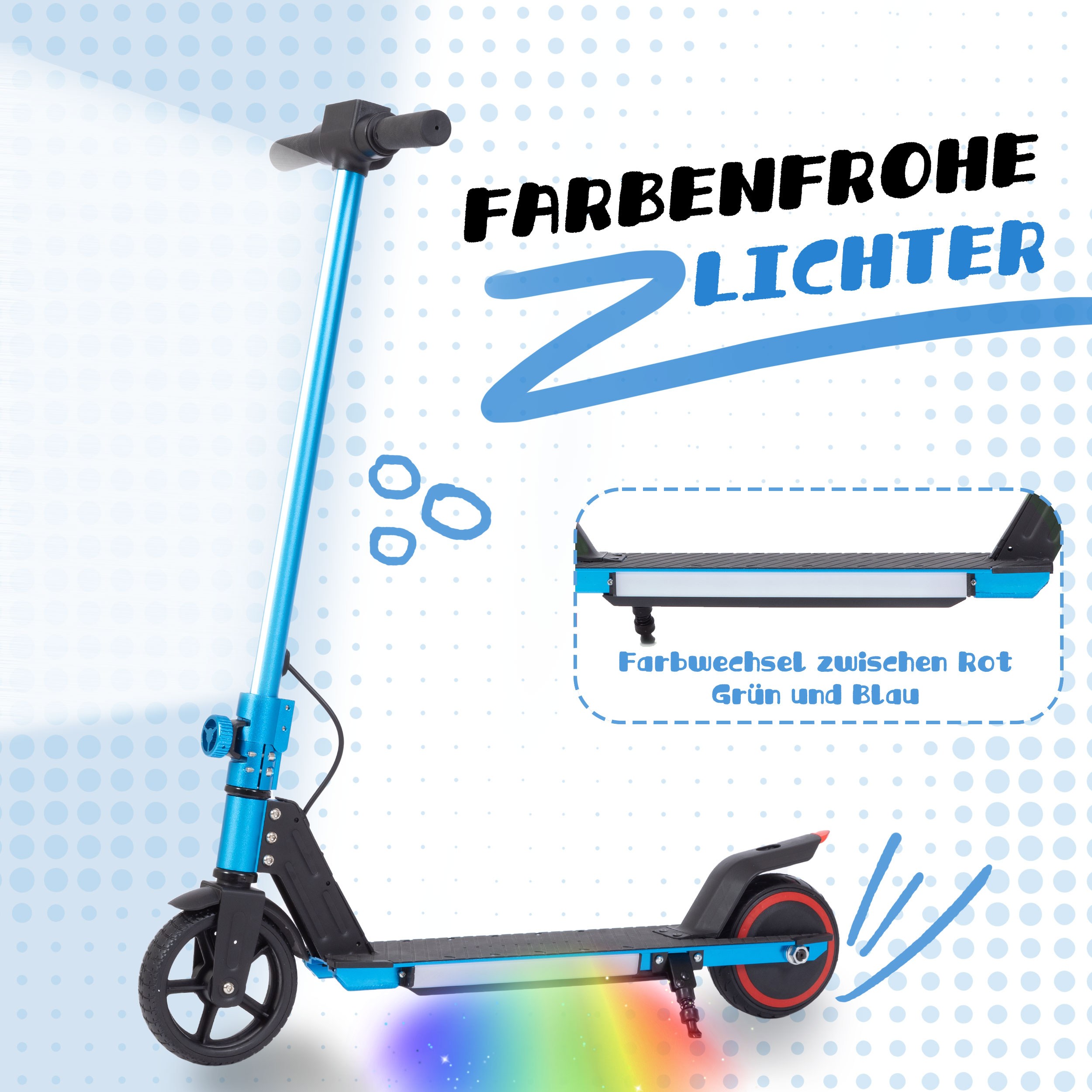 Ein blauer Elektroroller mit bunten Lichtern und Kreismuster.