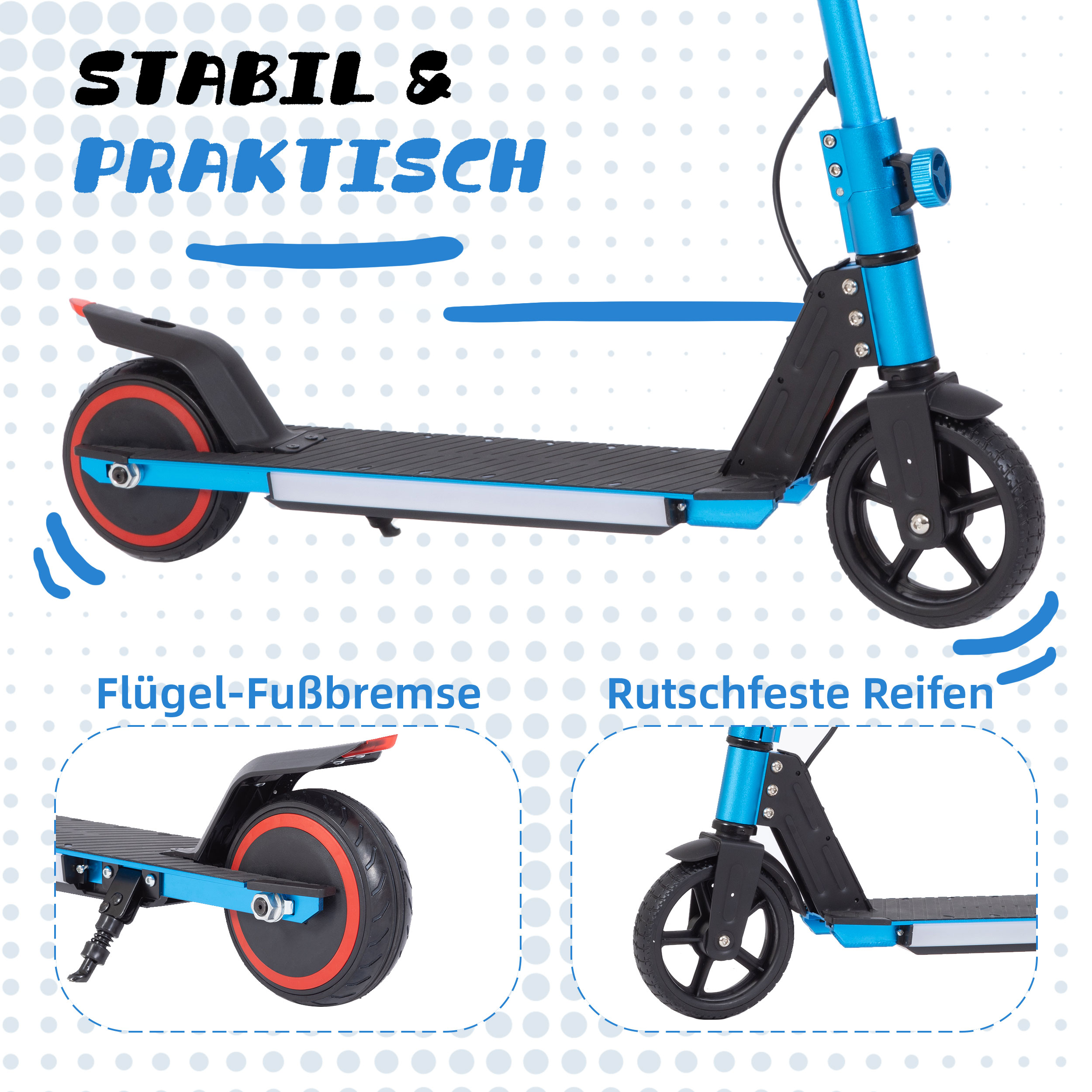 Blauer Elektroroller mit schwarzen Rädern und Trittbrett. Details der Bremse und Reifen.