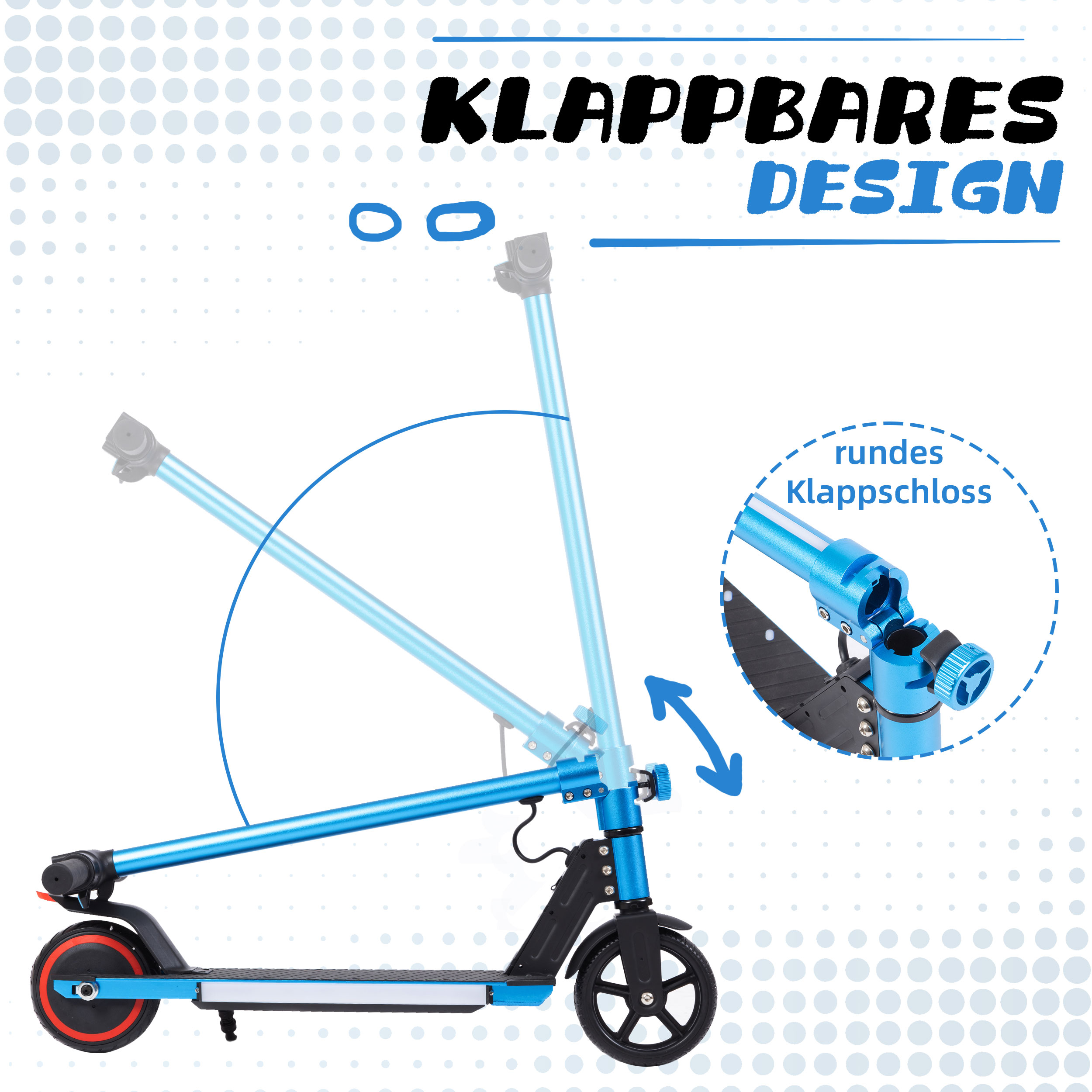 Ein blauer Elektroroller mit klappbarem Design wird gezeigt.
