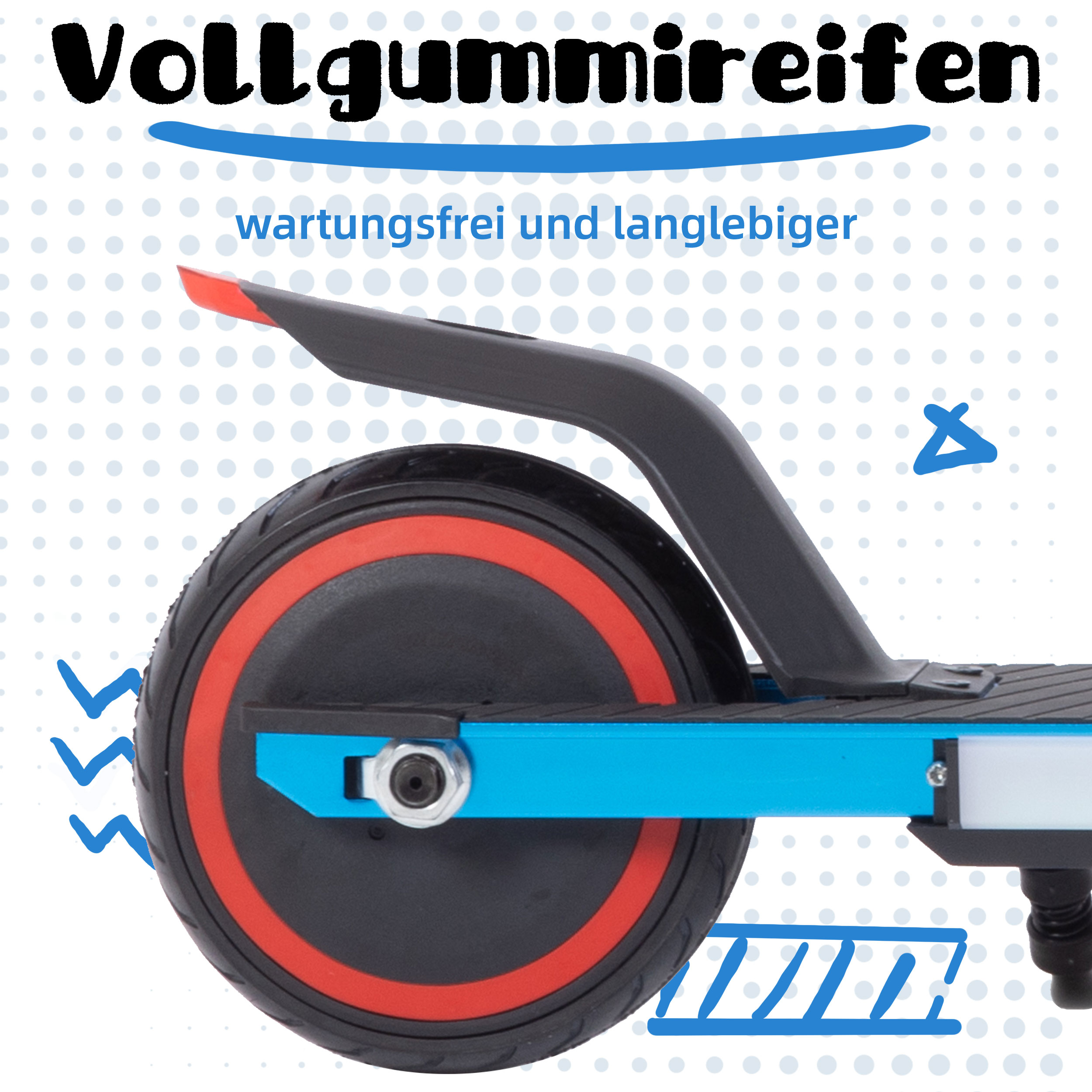 Nahaufnahme des Hinterrads eines Scooters mit schwarzem Reifen, rotem Ring und blauem Rahmen.