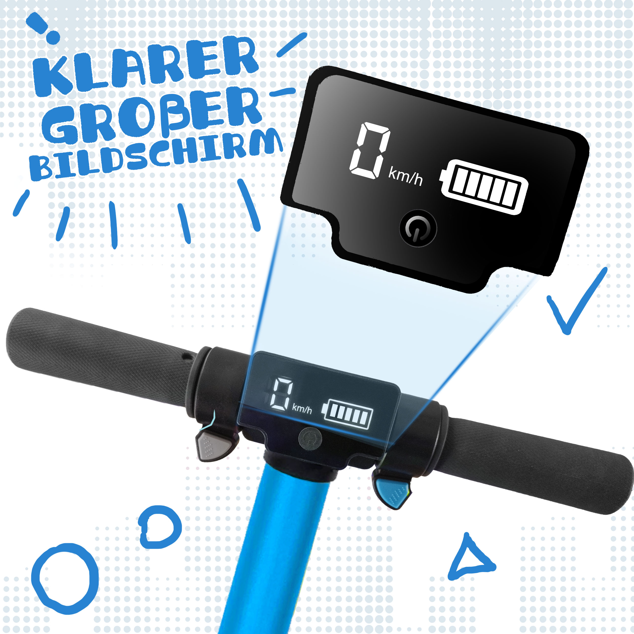 Blaue Elektroroller-Lenker mit digitalem Display, das Geschwindigkeit und Akku anzeigt.
