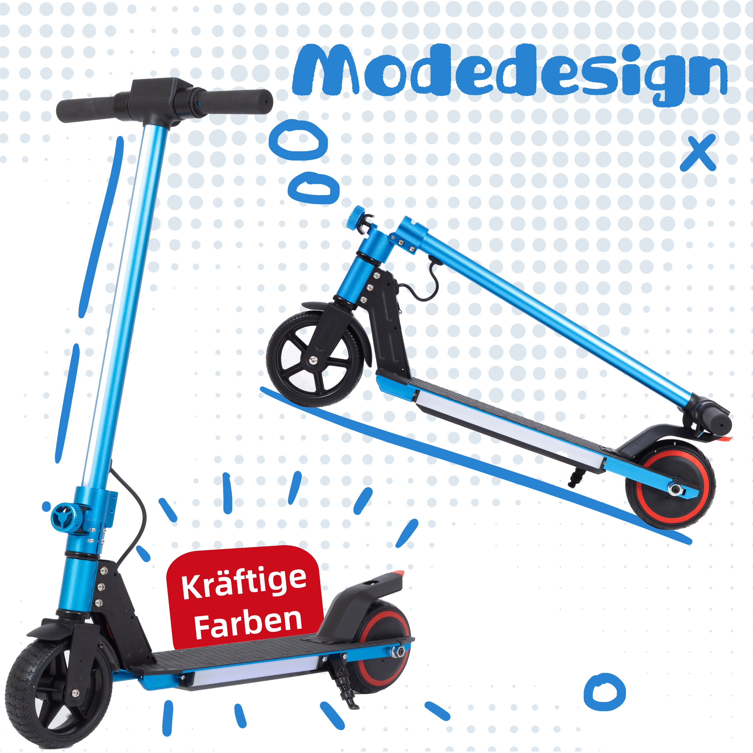 Ein blauer Elektroroller mit schwarzen Griffen und Rädern.