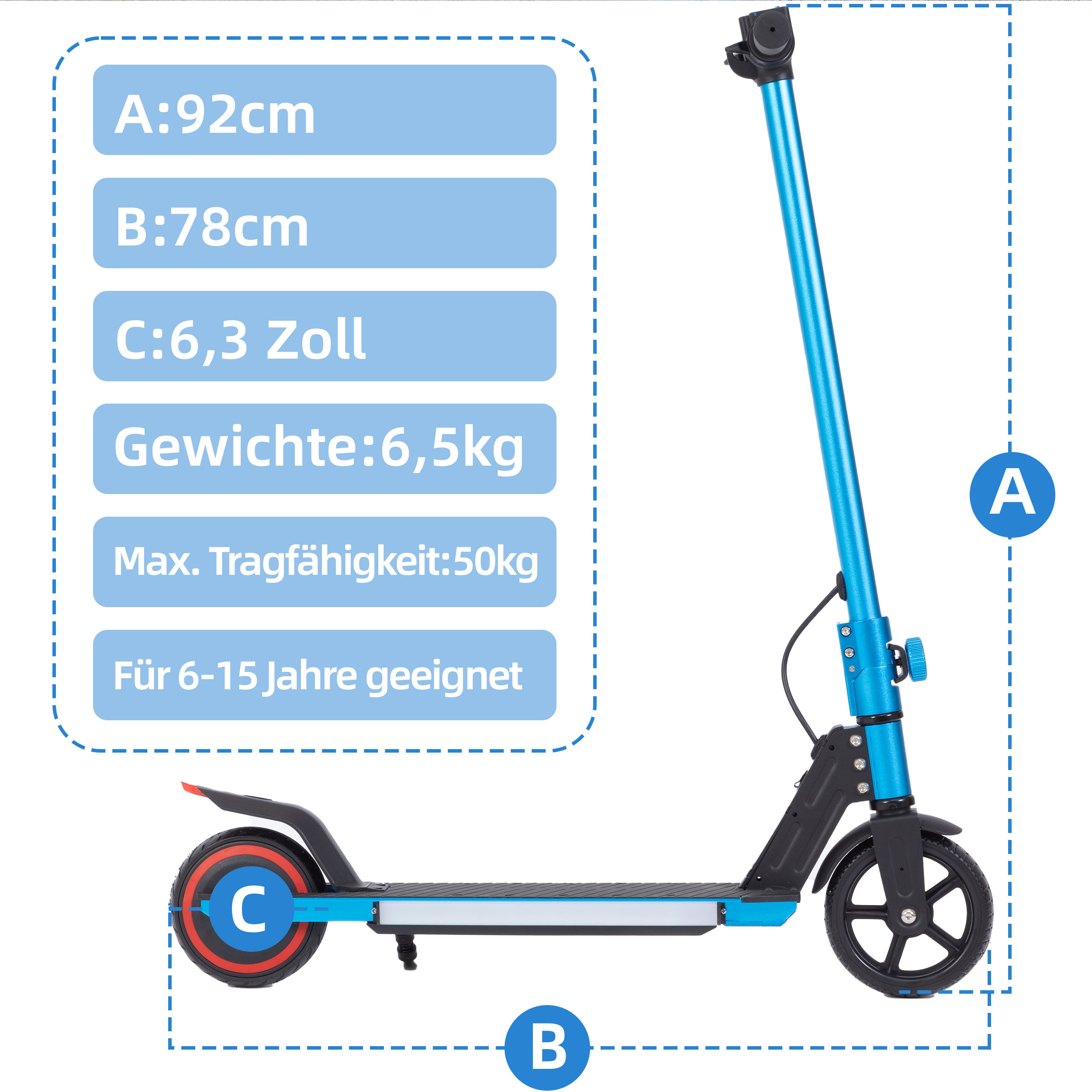 Ein blauer Roller mit Maßen und technischen Daten.