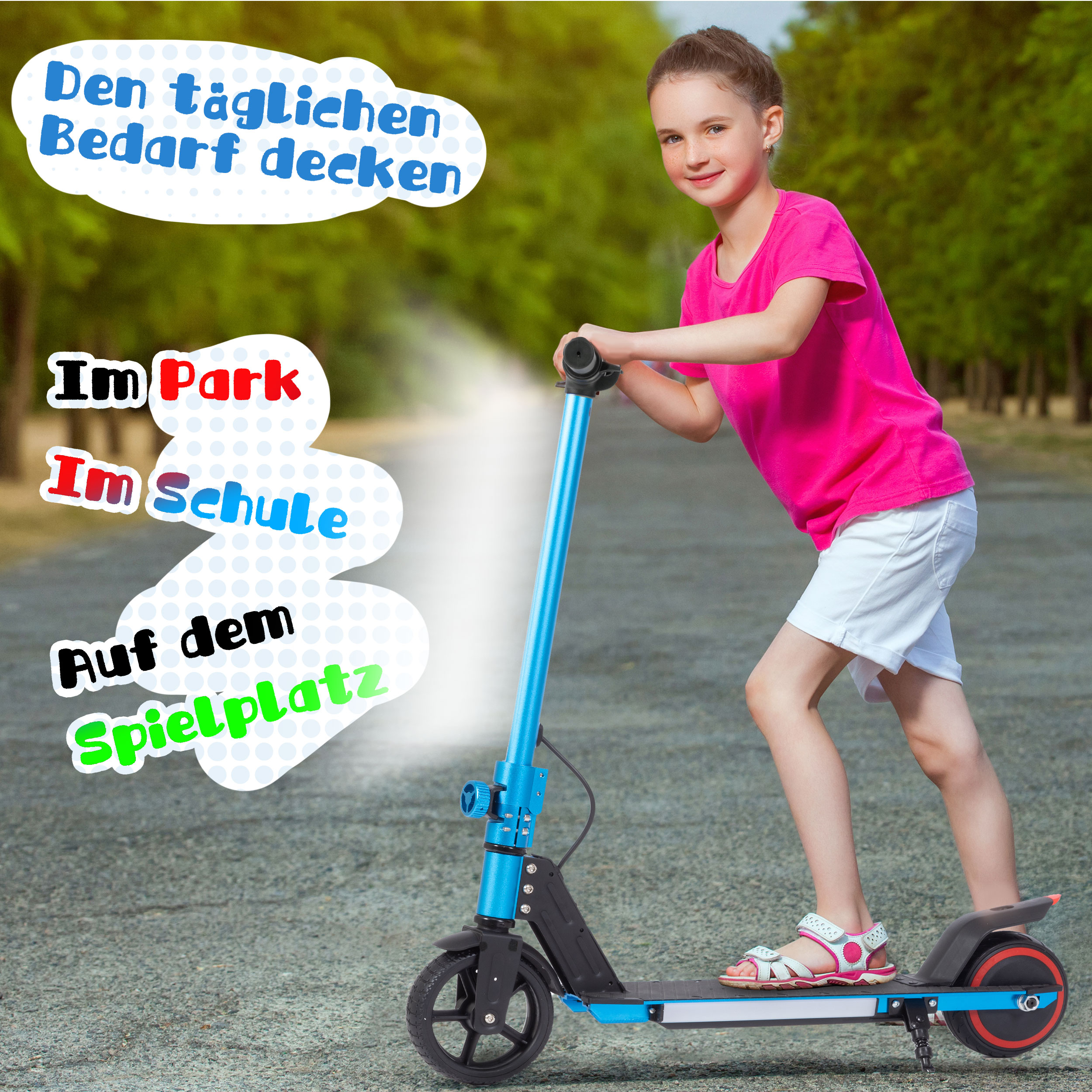 Ein Mädchen auf einem blauen Elektroroller im Freien.