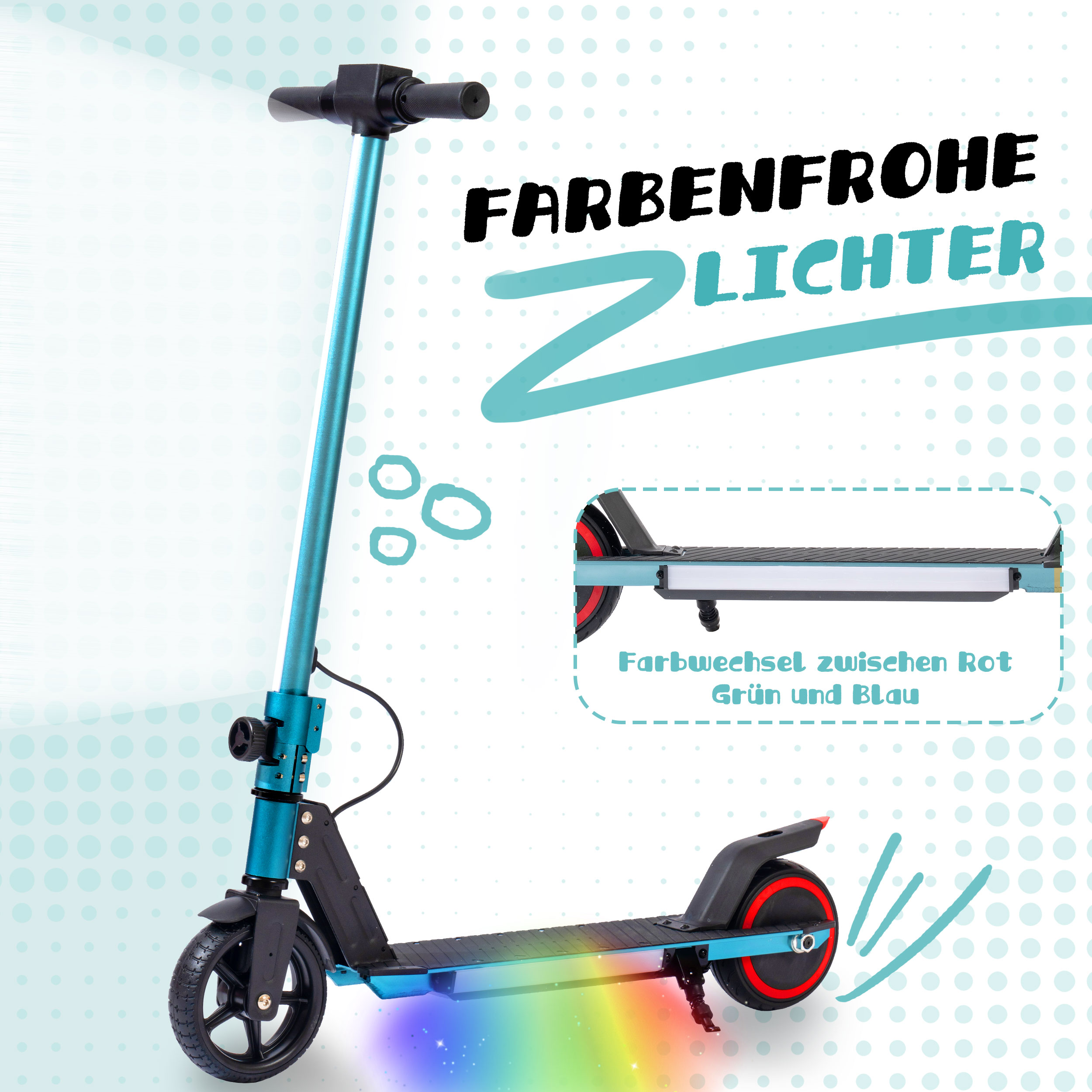 Ein türkisfarbener Elektroroller mit bunten Lichtern unter dem Trittbrett.
