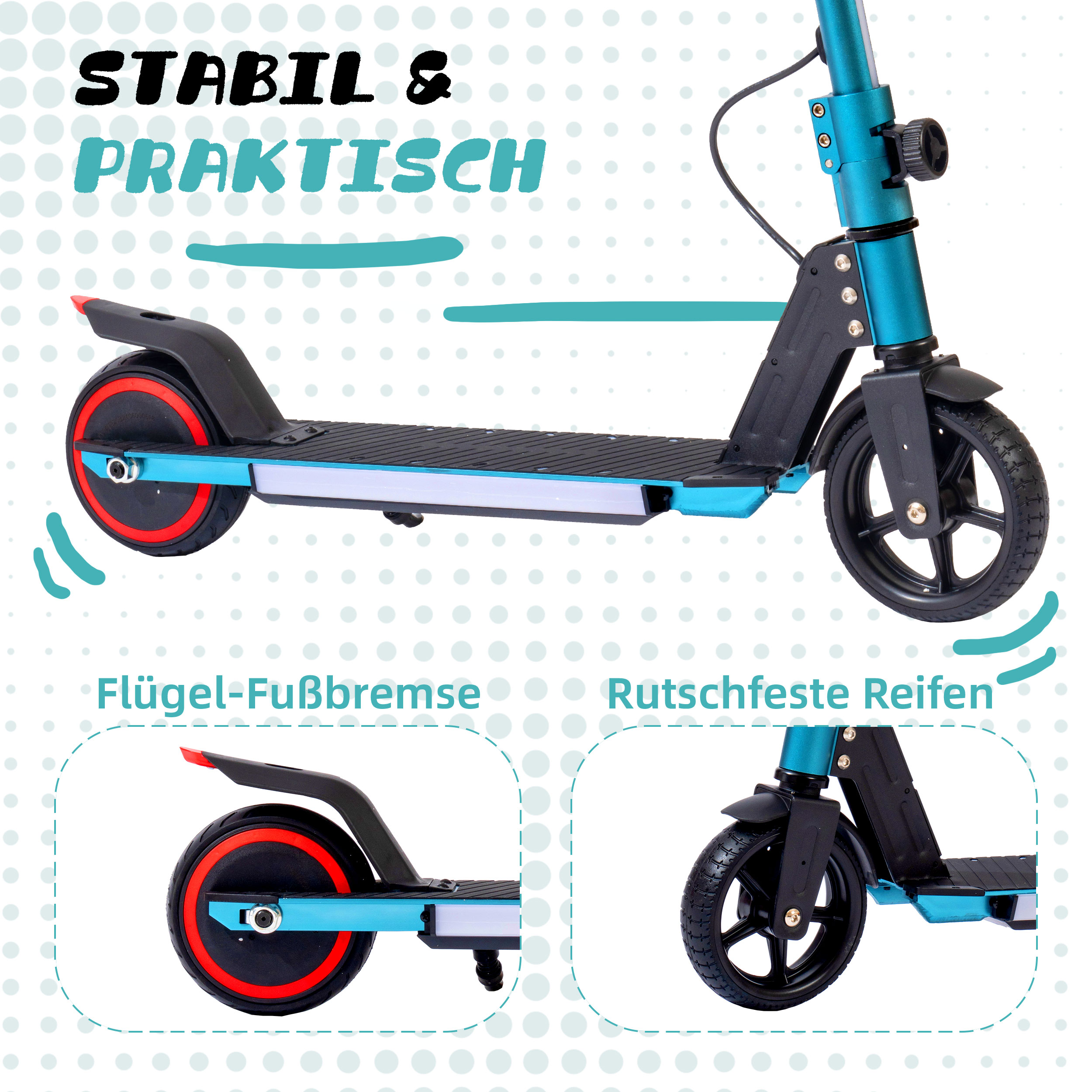 Ein türkisfarbener Roller mit schwarzen Rädern und roten Akzenten.
