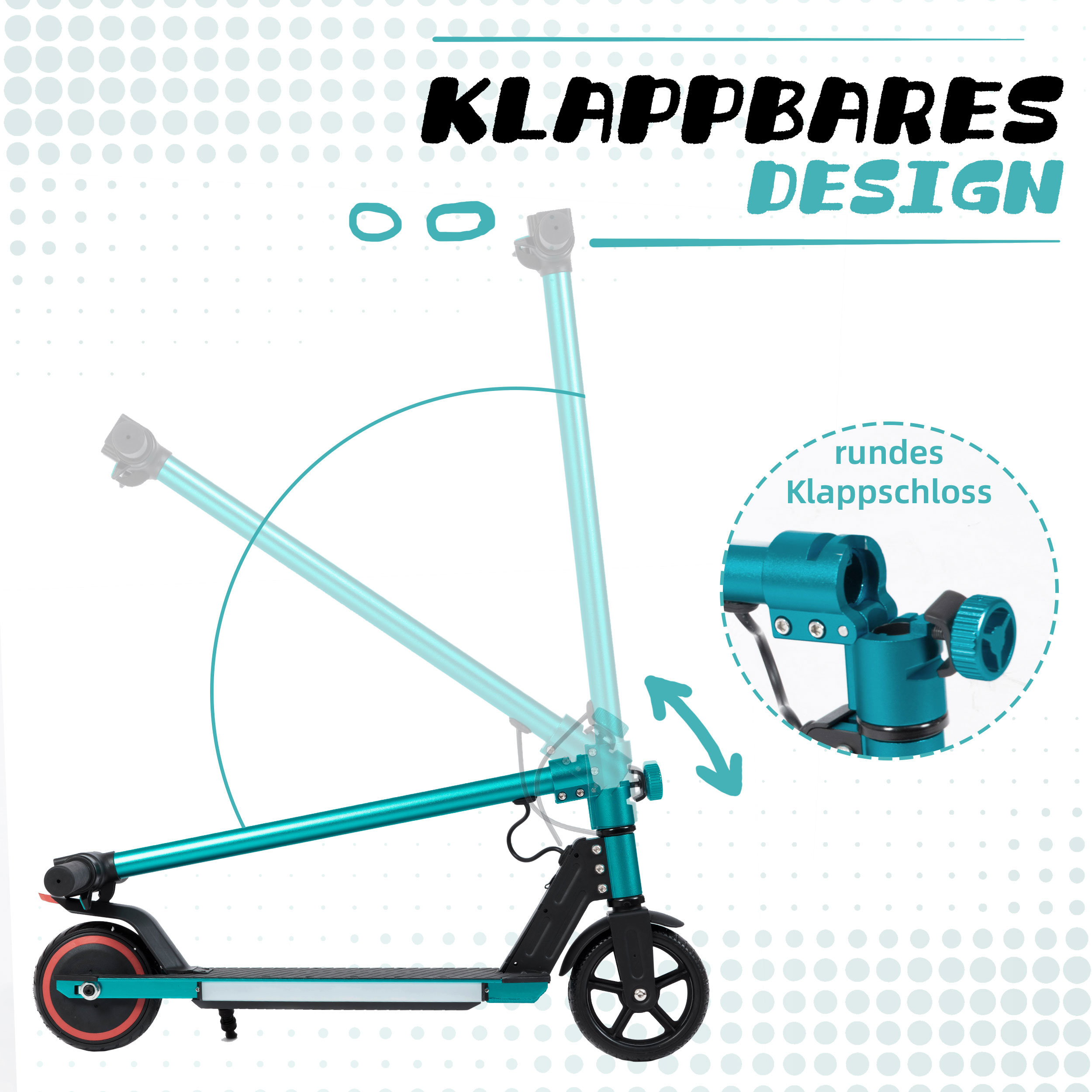 Ein türkisfarbener Roller mit klappbarem Design und rundem Klappverschluss.