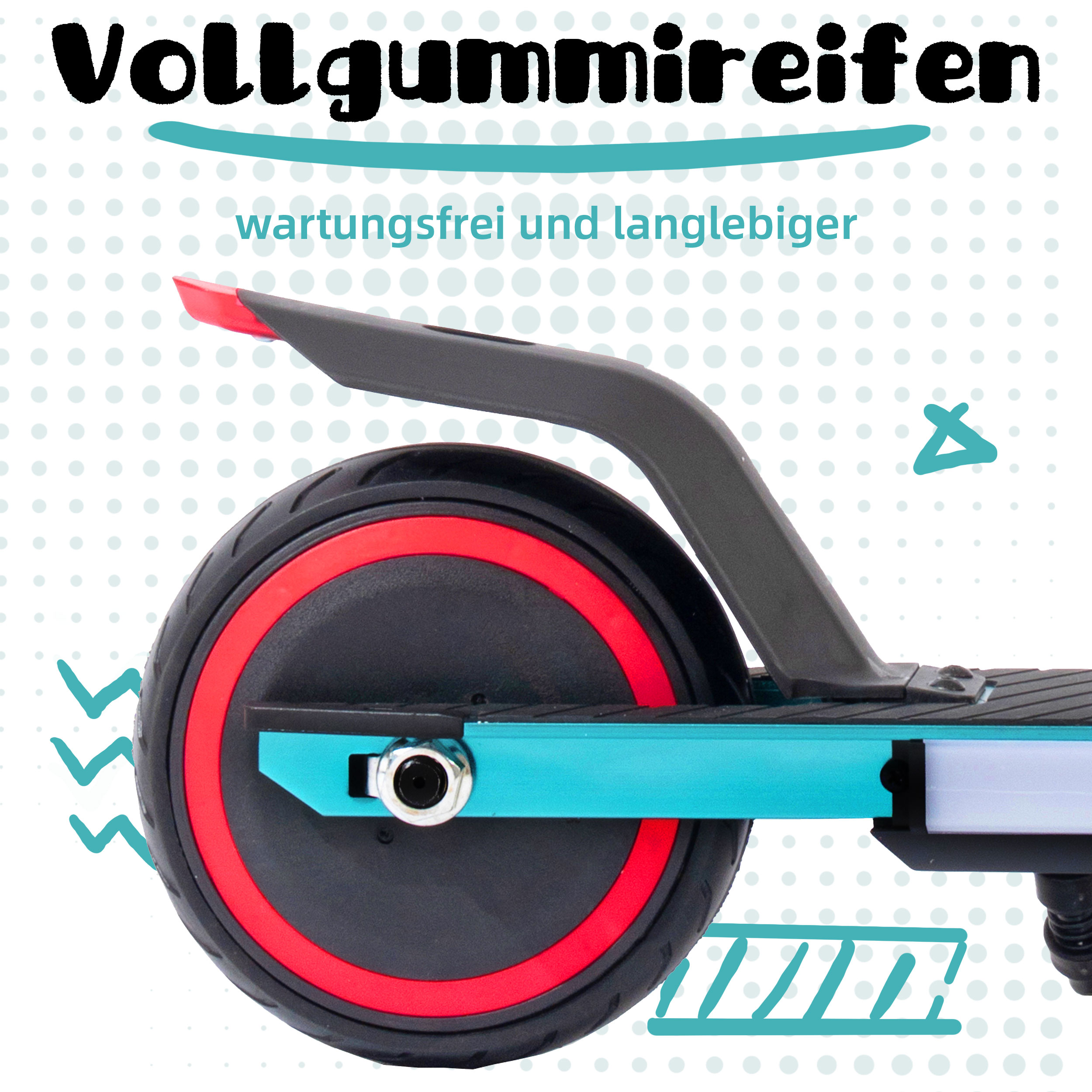 Detailansicht eines Rollers mit Vollgummireifen, roten Felgen und blauem Rahmen.