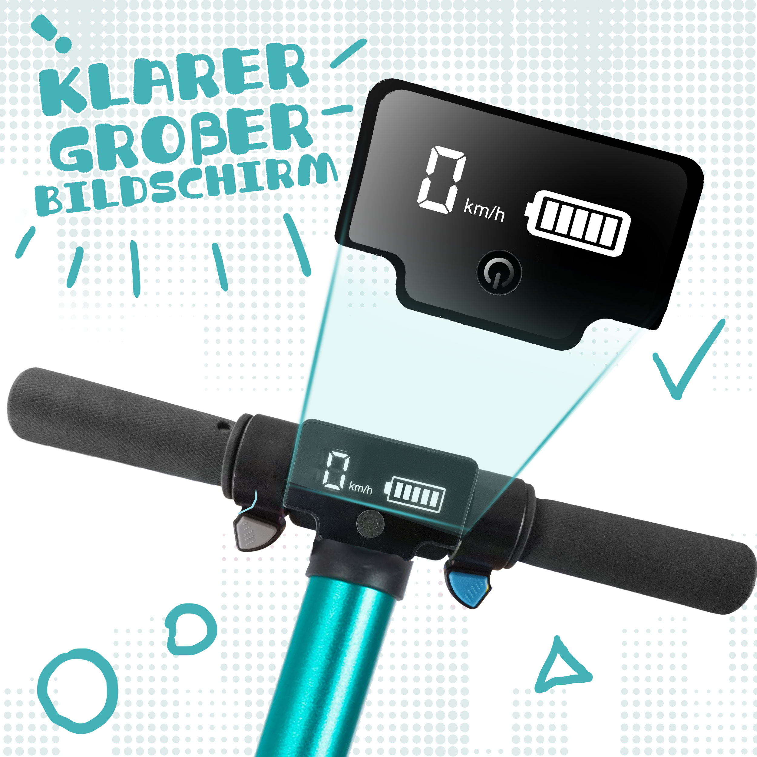 Ein teal Rollerdisplay zeigt 0 km/h und einen vollen Akku an.