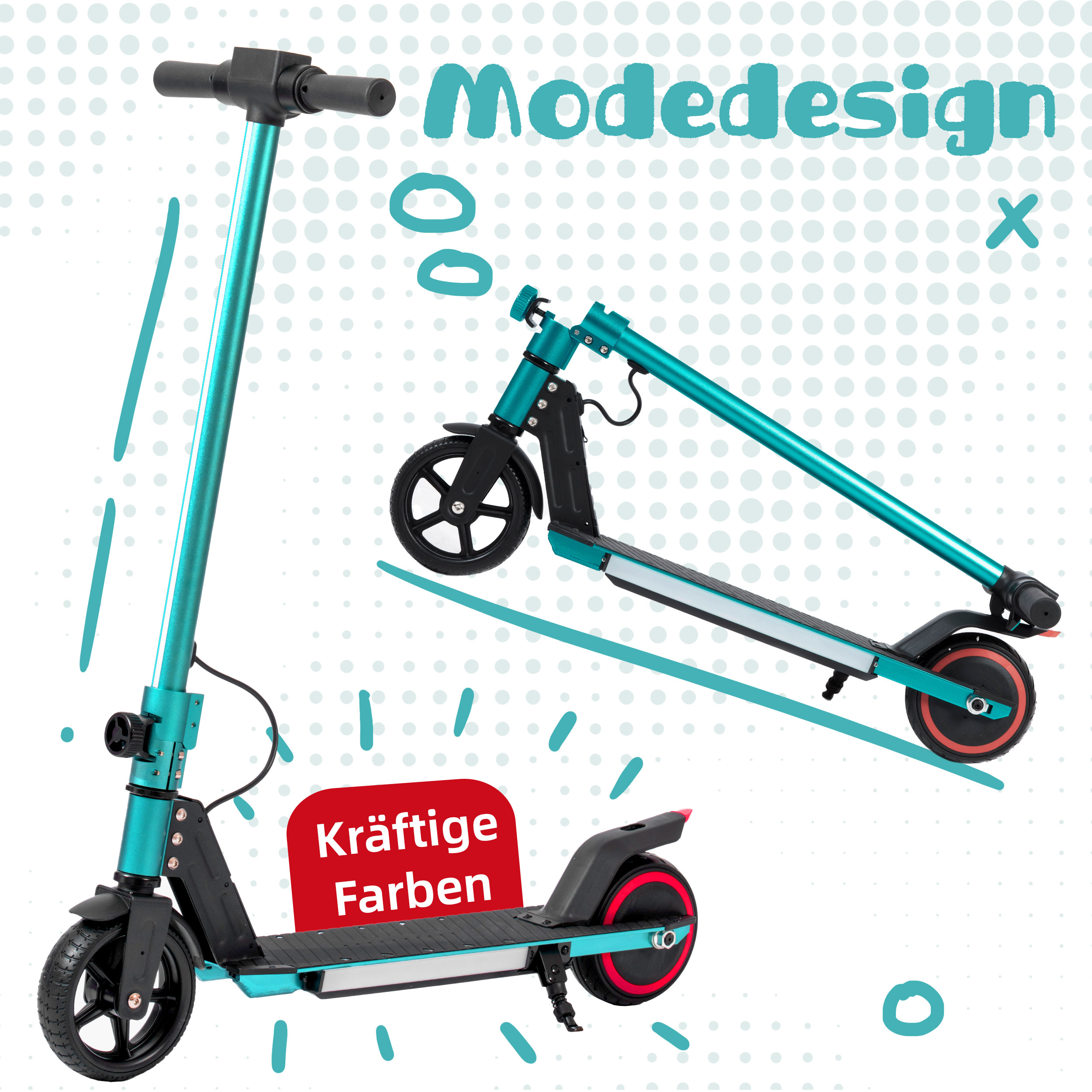 Ein türkisfarbener Elektroroller mit schwarzen Rädern und Griffen.
