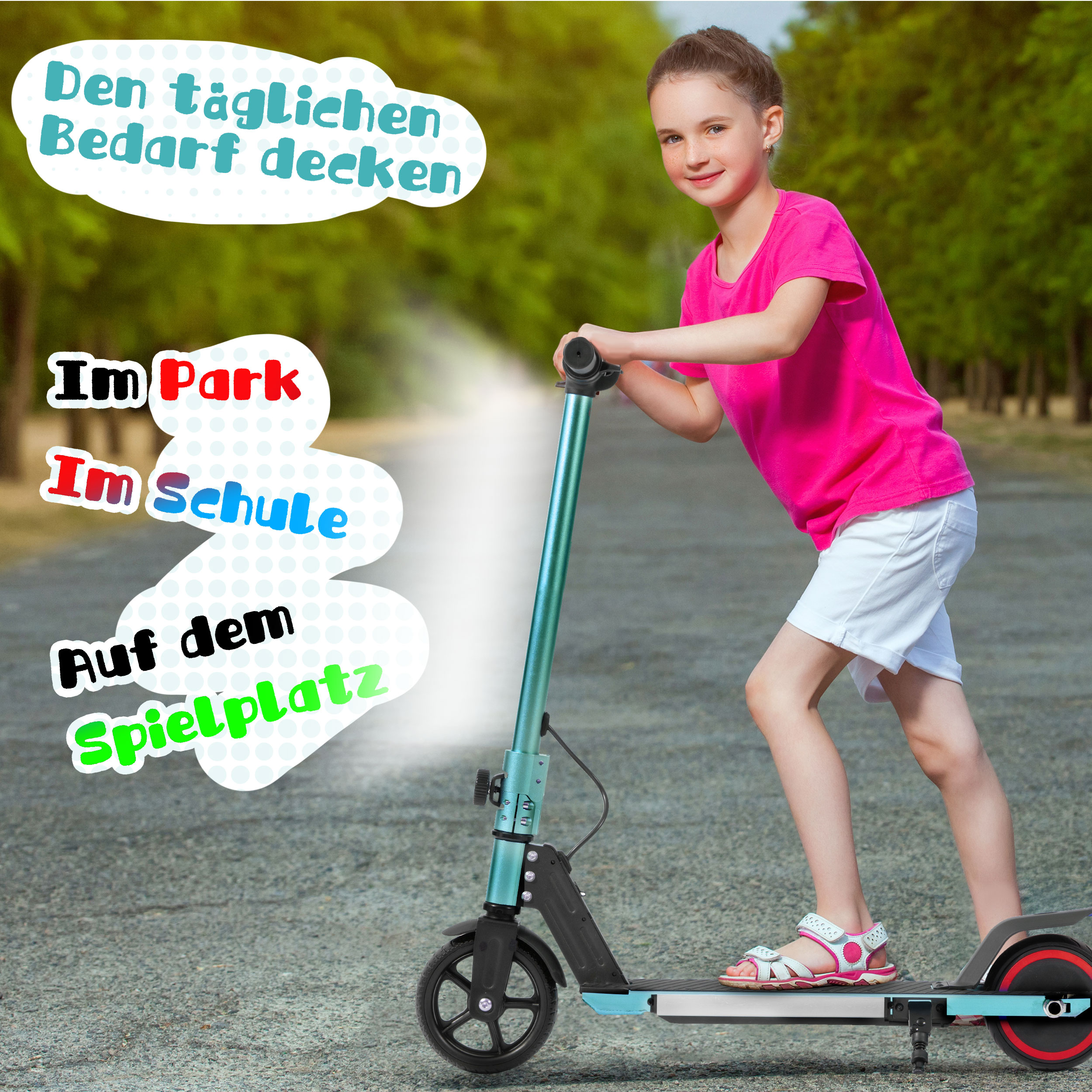 Ein Mädchen fährt mit einem Roller im Freien. Text auf Deutsch.
