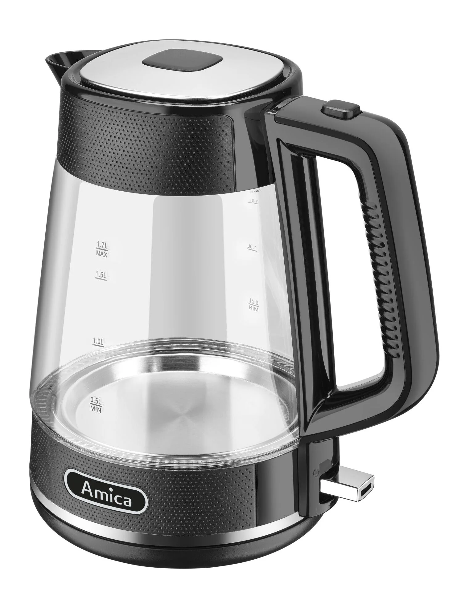 Un bollitore elettrico Amica nero e in vetro con coperchio argentato e manico nero.